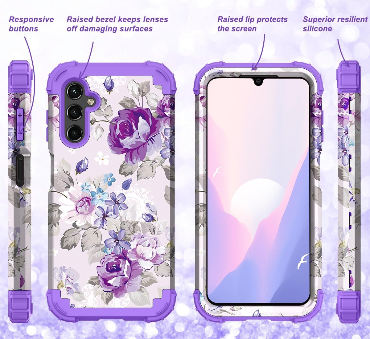 Hocase for Galaxy A16 5G Case, Heavy Duty Shockproof Protection Soft Silicone Rubber Bumper+Hard Plastic Hybrid Protective Case for Samsung Galaxy A16 5G (6.7") 2025 - Lavender Flowers - Image 6