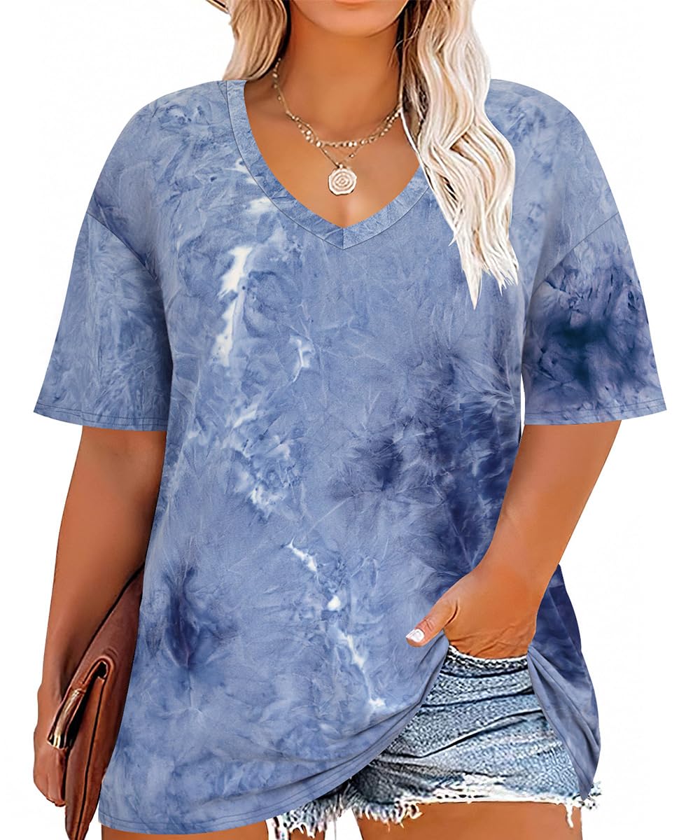 RITERA Plus Size Tops for Women Oversized Summer Basic V Neck Short Sleeve Henley Shirt Casual Tunic Shirts XL-5XL