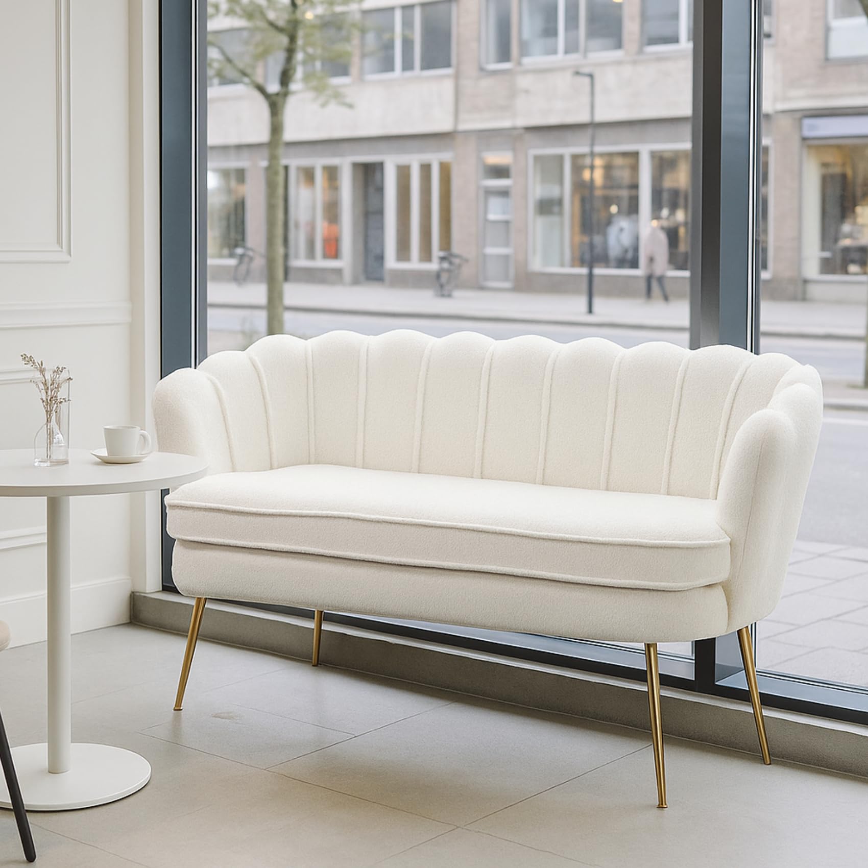 59 Loveseat Sofa Modern Sherpa Boucle 2-Seater Sofa with Golden Legs Comfy Upholstered Shell Accent Couch for Store
