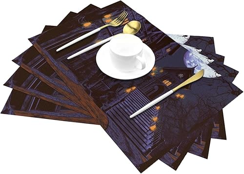Miniatura 6 de 6 PCS PVC Placemats Set Place Mats Halloween Haunted Non-Slip Weave Place Mats 12" x 18" Farmhouse Table Mat Set for Family Dinners Wedding Parties