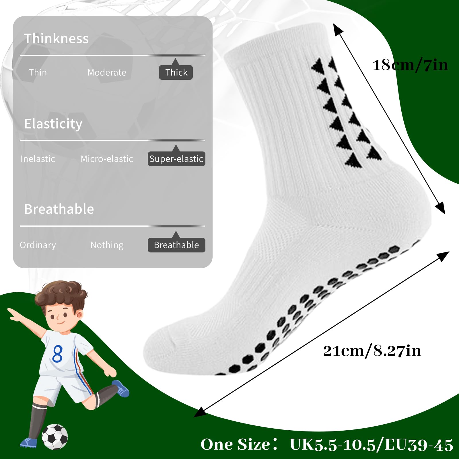 3 paia di calzini traspiranti per bambini, assorbono il sudore, calzini antiscivolo per bambini, per corsa, hockey, calcio, rugby, età 9-12 anni