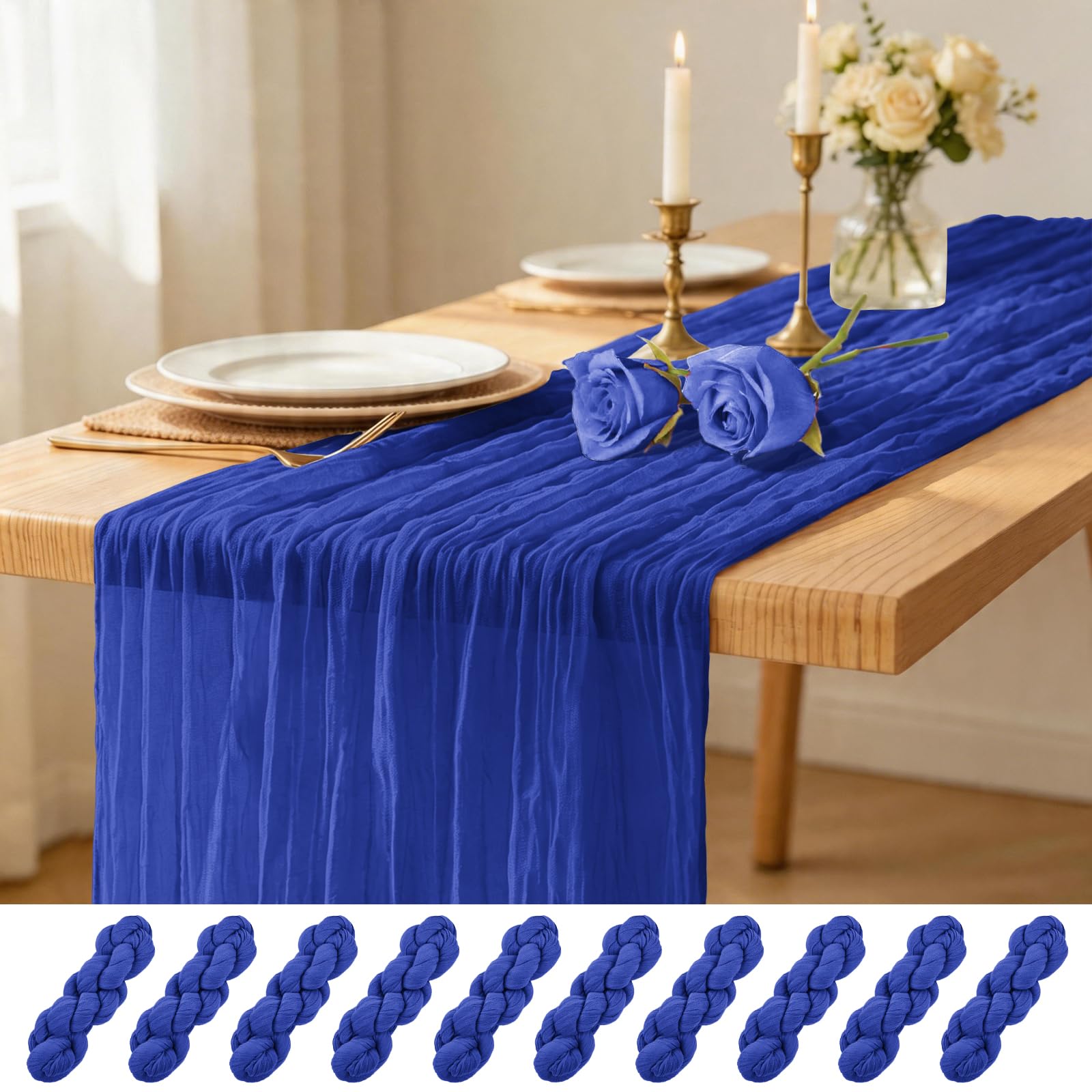 Photo 1 of 10 Pack Royal Blue Table Runners 17 x 108inch Cheesecloth Table Runner Rustic Boho Gauze Sheer Fabric Cheese Cloth Table Runner for Wedding Party Bridal Baby Shower Birthday Spring Table Decor