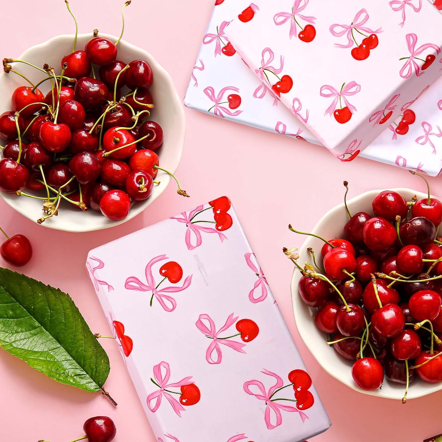100Pcs Pink Bow Cherry Tissue Paper Sweet Bowknots Red Cherry Printed Tissue Paper for Birthday Party Bags DIY Craft