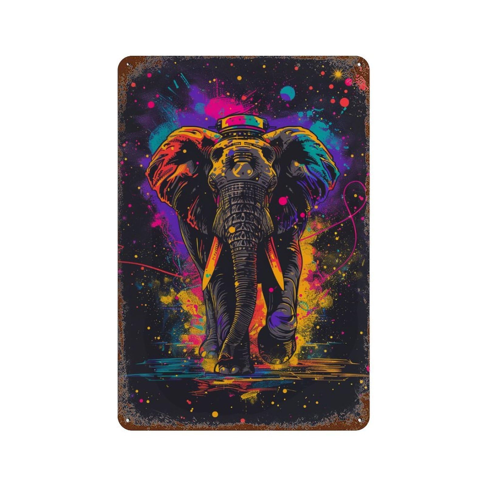 Garage Style Colorful Elephant Art Print-14 Distressed Metal Wall Sign 11.8"x7.9", Rustic Home Decor for Bar And Workshop