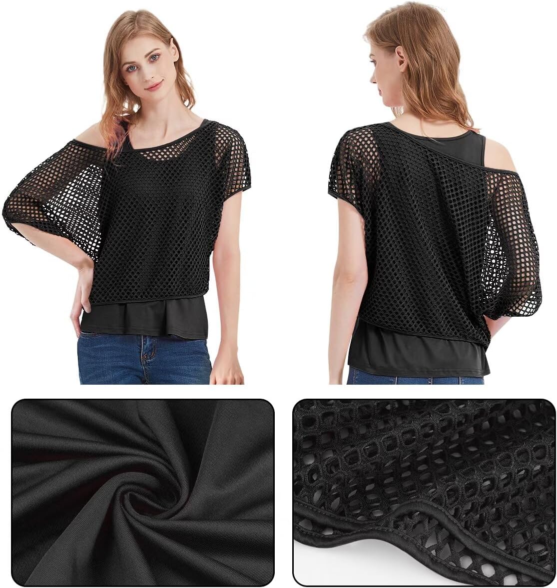 WILDPARTY Women's Casual Sexy Off Shoulder T-Shirt 80s 90s Outfit 80's Costume Fishnet Neon Shirt Summer Short Sleeve - Image 2