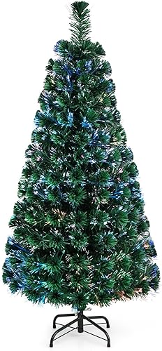 HAPPYGRILL Árbol de Navidad artificial de fibra óptica preiluminado de 5 pies con 170 puntas de PVC, árbol de Navidad verde con luces LED para
