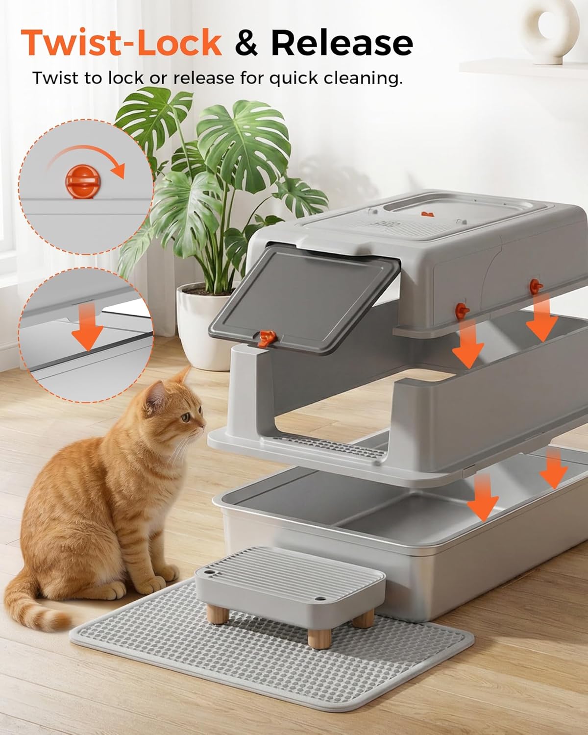 GTPLAYER XXXL Stainless Steel Cat Litter Box with Lid, Dual-Entry Enclosed Litterbox (Front Entry & Top Exit), High-Sided, Non-Stick, Odor Control, for Big Cats, with Mat, Scoop & Step, Grey