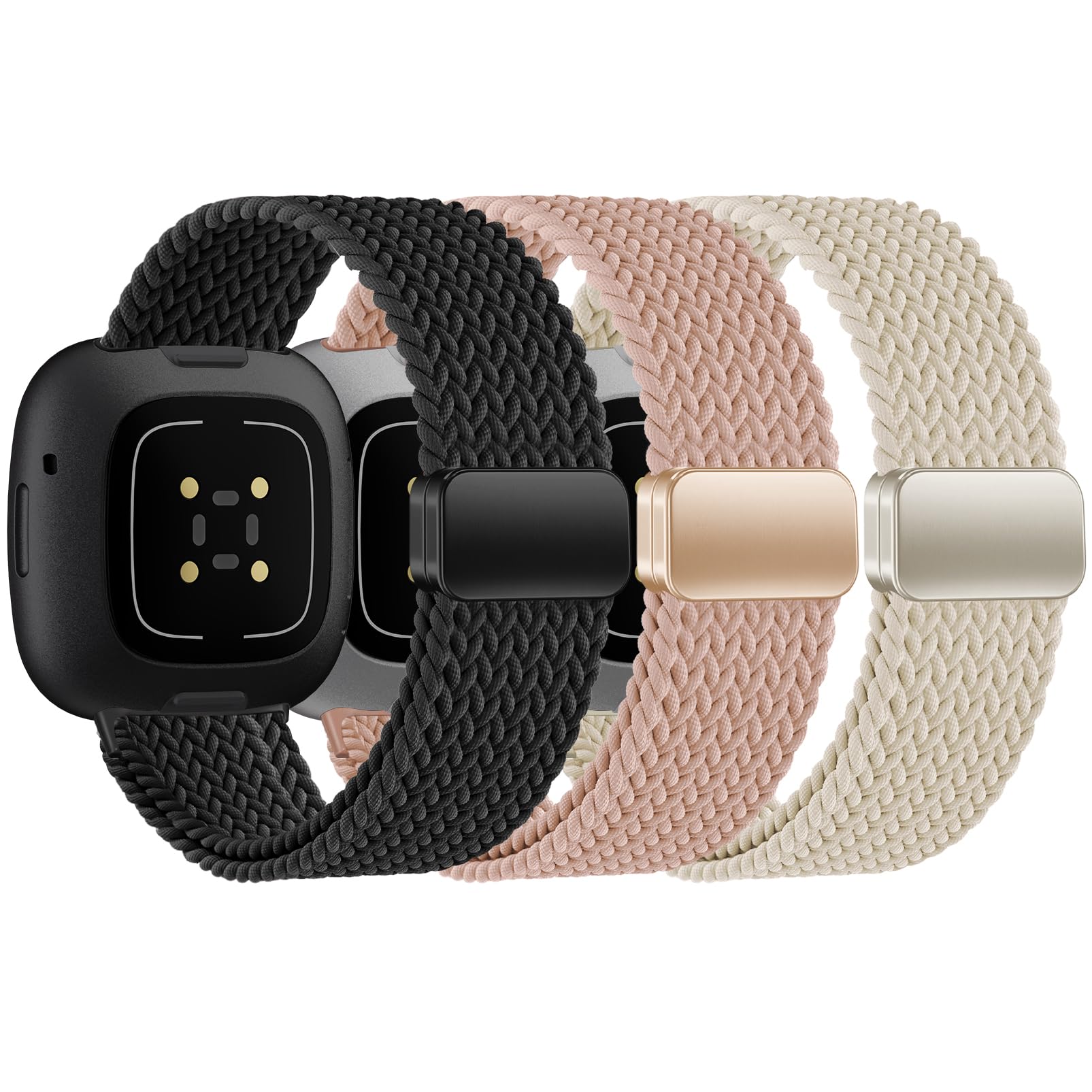 HSWAI Magnetic Braided Compatible with Fitbit Versa 4 Bands for Women/Versa 3/Sense/Sense 2 Bands, Soft Stretchy Sport Strap Woven Loop Elastic Nylon Wristbands Men