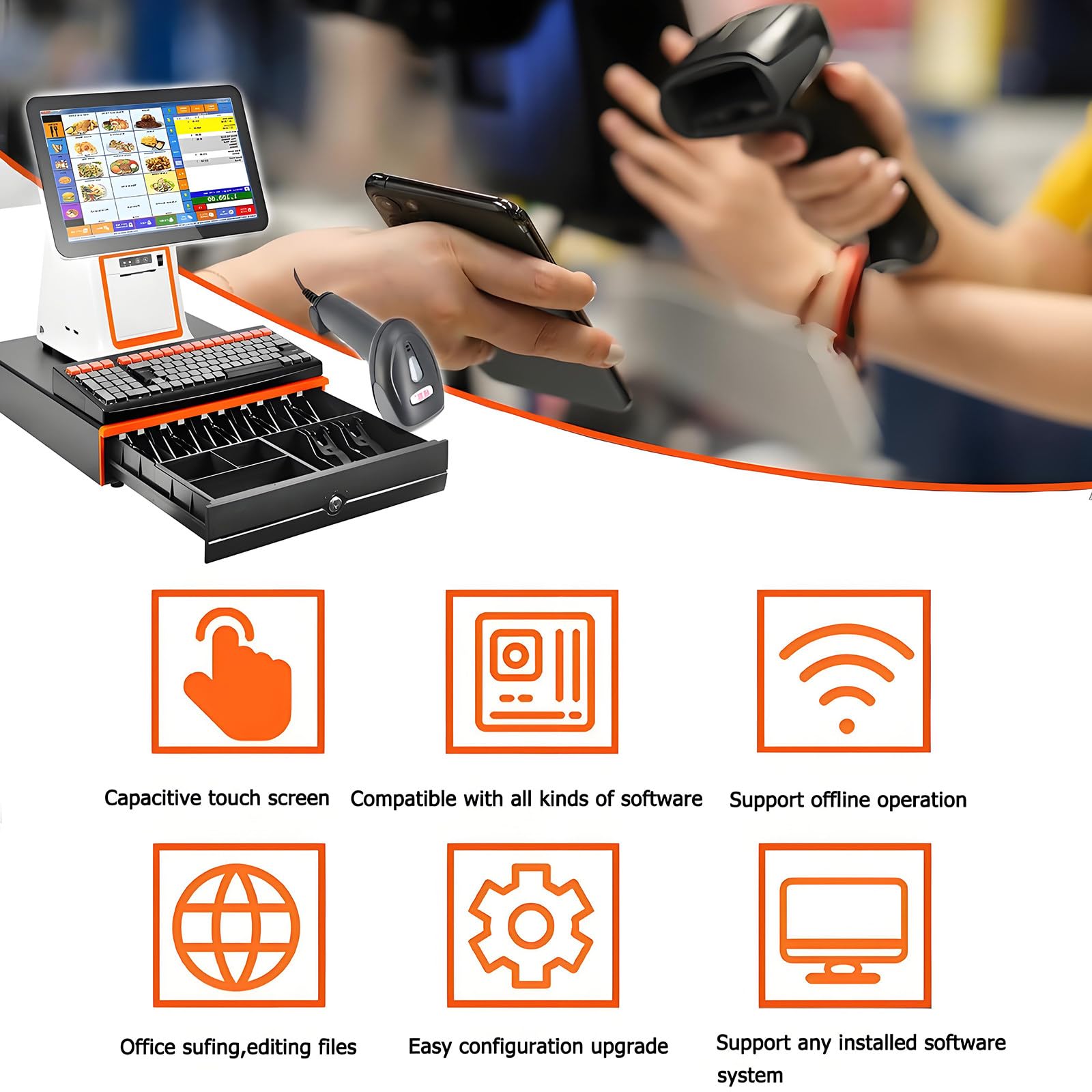 Registratore di Cassa Professionale Smart Pos all-in-One, Stampante Integrata, Touchscreen Capacitivo, Angolazione Regolabile per Vendita al Dettaglio, Ristorante E Piccole Imprese,White