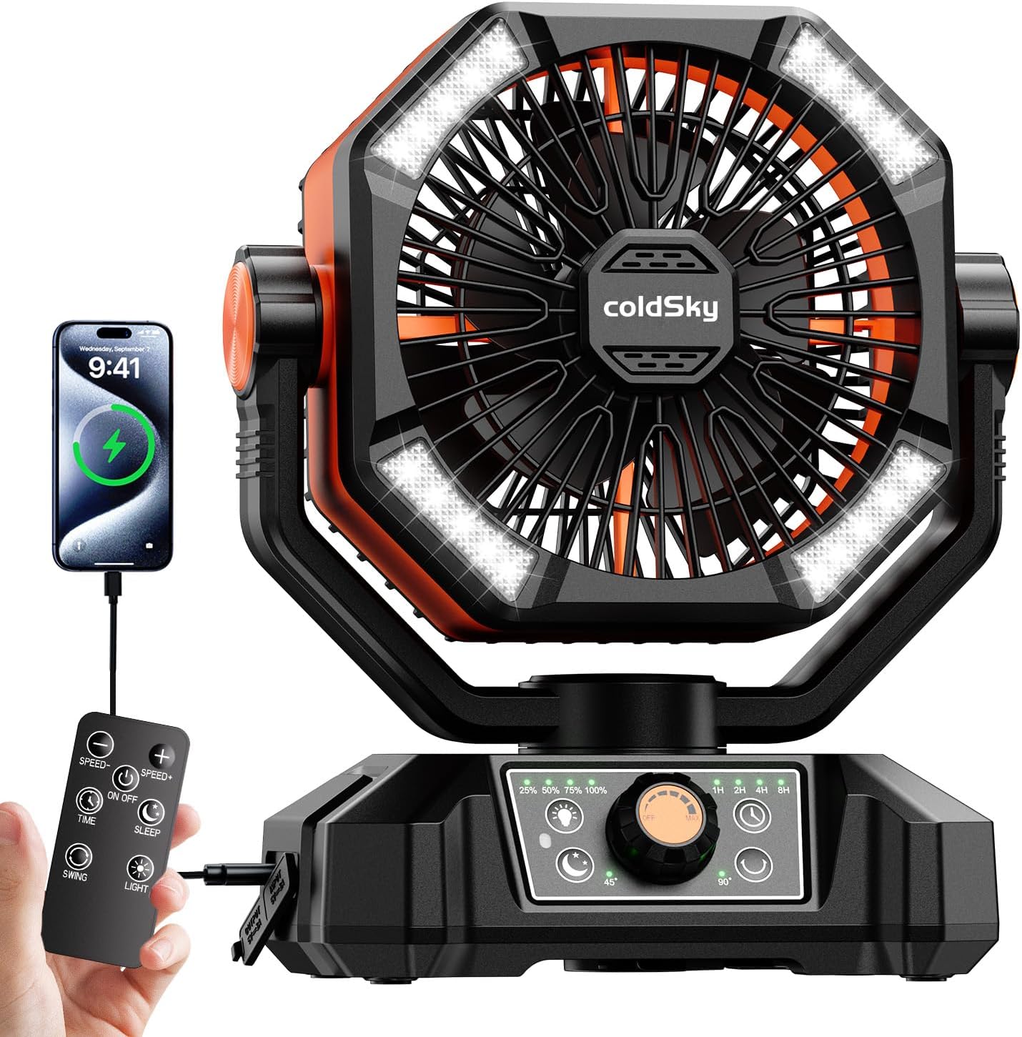 coldSky Rechargeable Table Fan for Home with LED Light & Remote Control, 20000mAh Battery Fan Rechargeable Big Size With 8 Speed Modes (Orange)