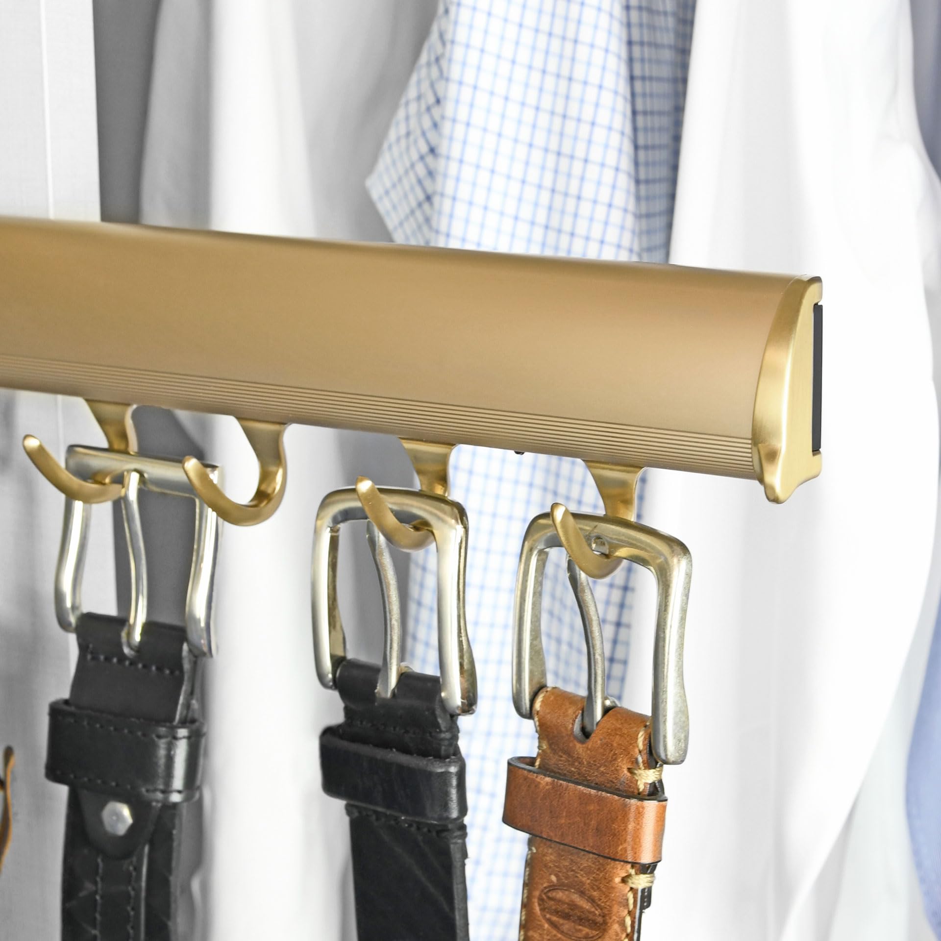 TAG Hardware Designer 5-Hook Expandable Valet Belt and Tie Rack, 11.75-Inch Extendable Wardrobe Closet Organizer Rod (Matte Gold)