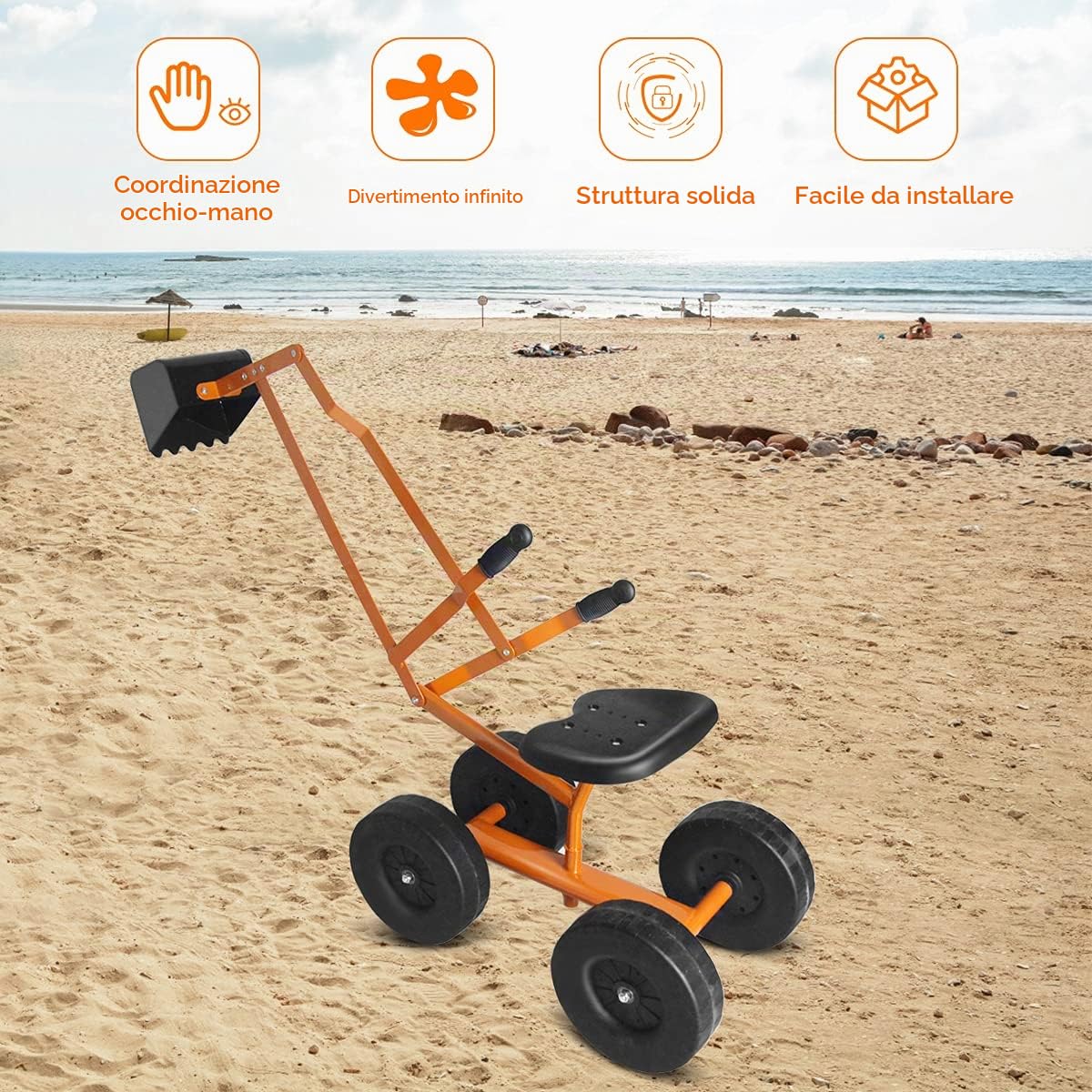 RELAX4LIFE Ruspa Giocattolo Escavatore Cavalcabile per Sabbiera con Sedile in metallo, Girevole a 360° e 4 Ruote, 3 Anni+ (L-Arancione)
