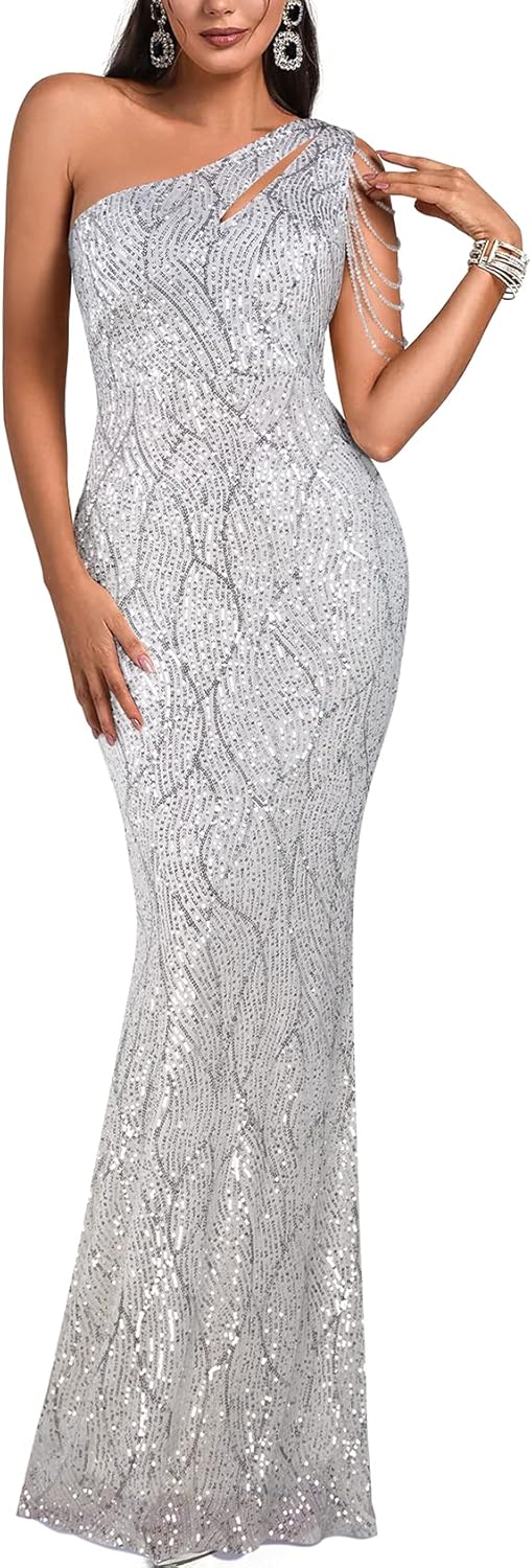 Elegant Sequin Dresses for Wedding Guest One Shoulder Dress for Women with Bead Maxi Formal Gowns - Image 6