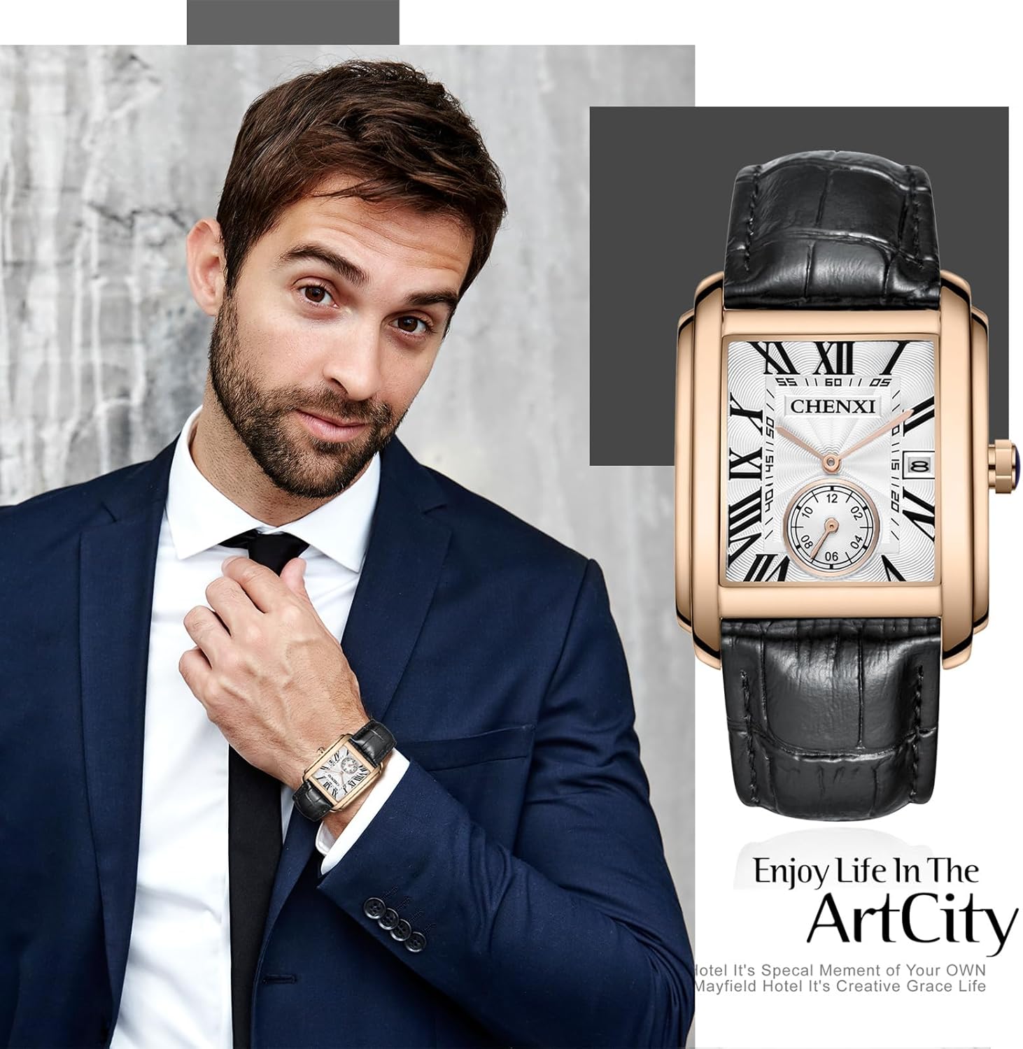 Avaner Men's Square Watches Vintage Leather Analog Quartz Dress Wristwatch with Calendar - Image 2