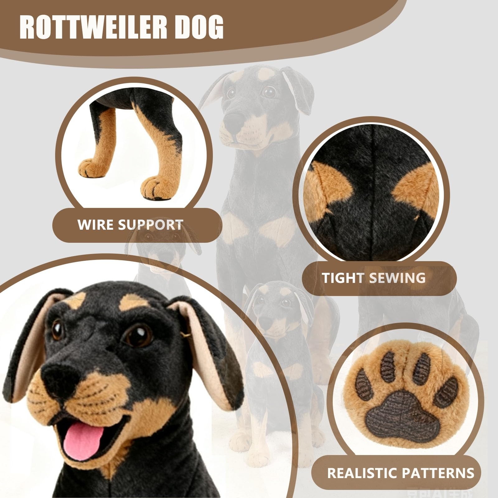 GRIER Kuscheltier Plüschtier Stofftier Hund, Plush Stuffed Toy Dog,Simulation Standing Rottweiler Dog Für Kinder(60cm)