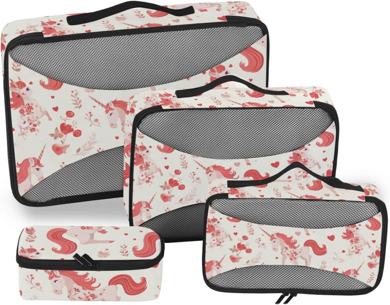 Unicorns Vintage Valentine Peach 4 Pcs set organizer for travel Mesh Travel Essentials lightweight packing cubes