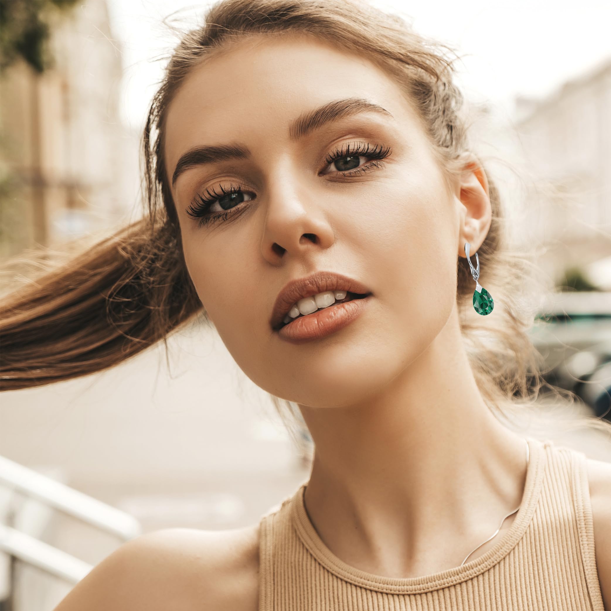 Ohrringe Silber 925 Hängend für Damen Ohrhänger Hängeohrringe mit Birne Kristallen Stein 12 Geburtsstein Schmuck für Sie Zirkonia Lange Ohrringe Mädchen Geschenk