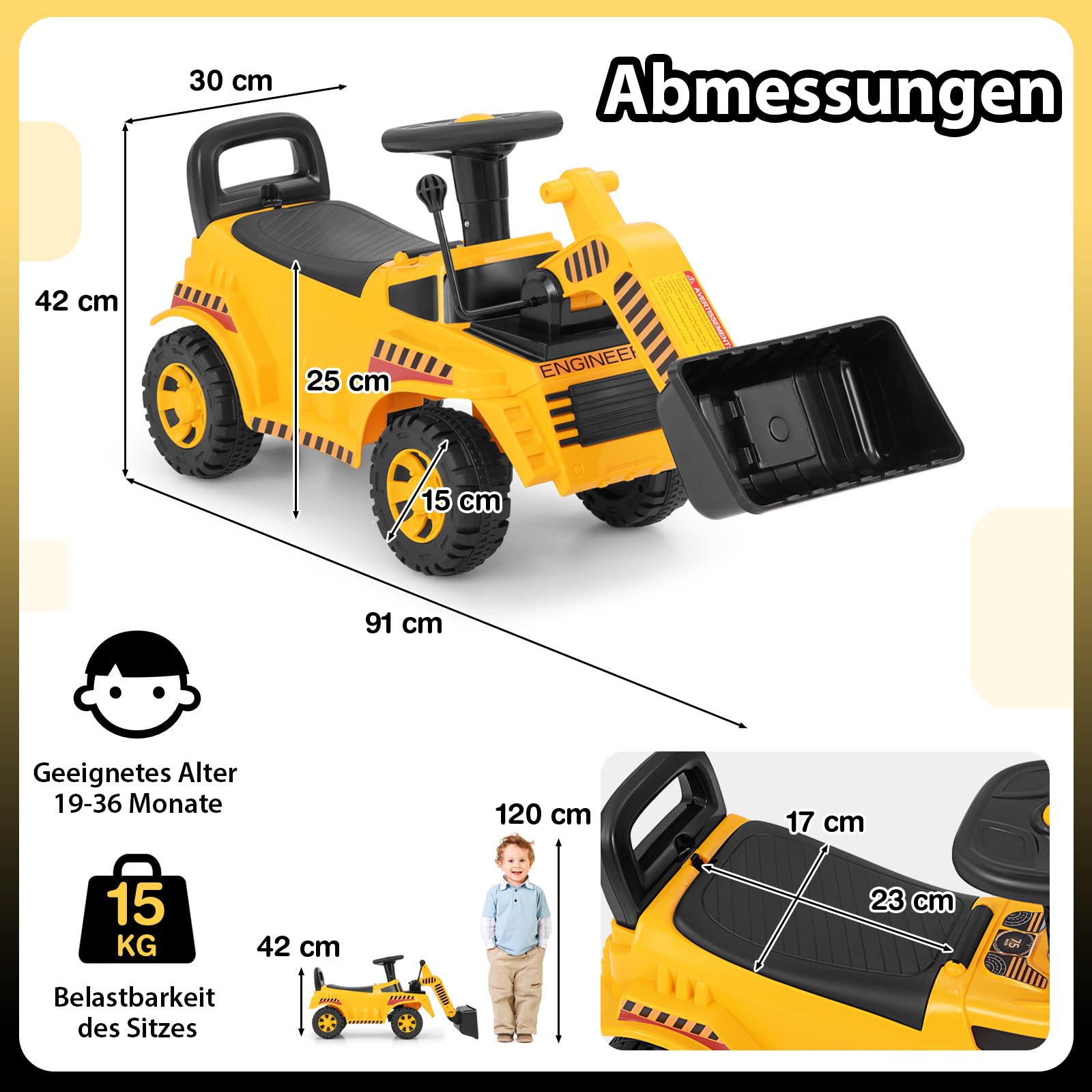 DREAMADE Bagger zum draufsitzen, Kinder Sitzbagger mit Flexibler Schaufel & Hupe & Kippschutz, Aufsitzbagger mit Stauraum unter Sitz, Sandbagger Sitzbagger Kinder ab 19 Monaten (Bulldozer)
