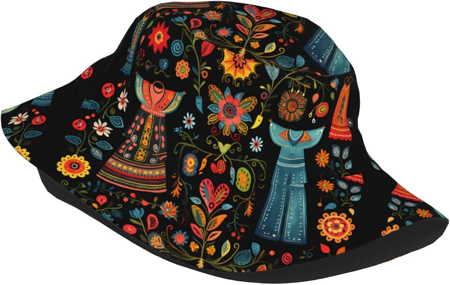 Folk Dress Prints Summer Outdoor Travel Bucket hat, a Beach Sun hat Suitable for Both Men and Women Black
