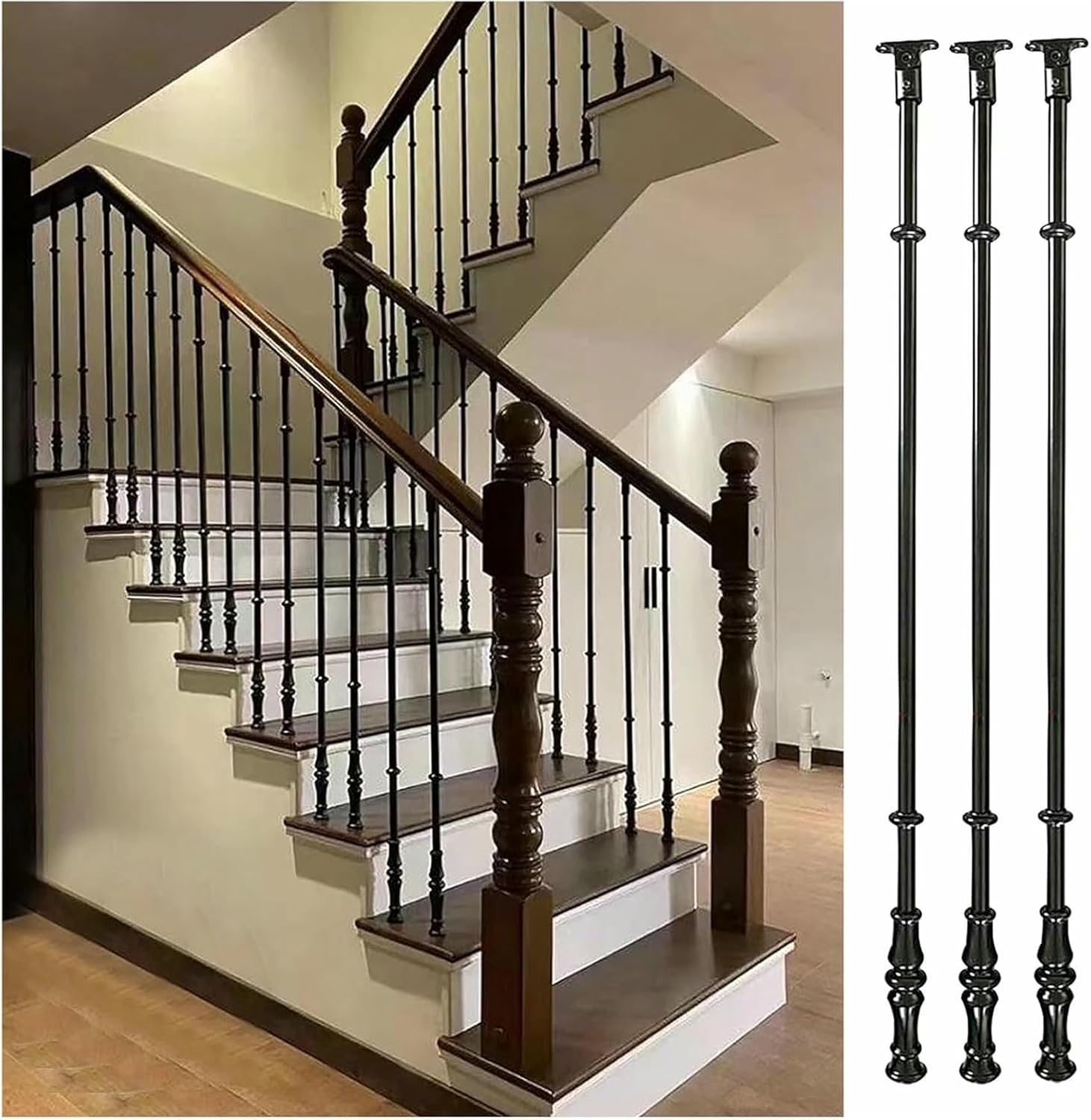 Black Iron Baluster Spindles Kit for Step Transition Handrails, Face Mount Stairs/Platform Safety Fencing Post, for Lofts/Villas/Porch