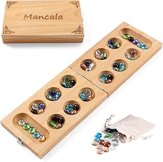 Mancala Board Game for Kids, Adults & Family. Includes Folding Rubber Wood Board, 48+10 Colorful Mancala Stones & Instruction. Classic & Portable Marble Game for Travel.(Natural Color)