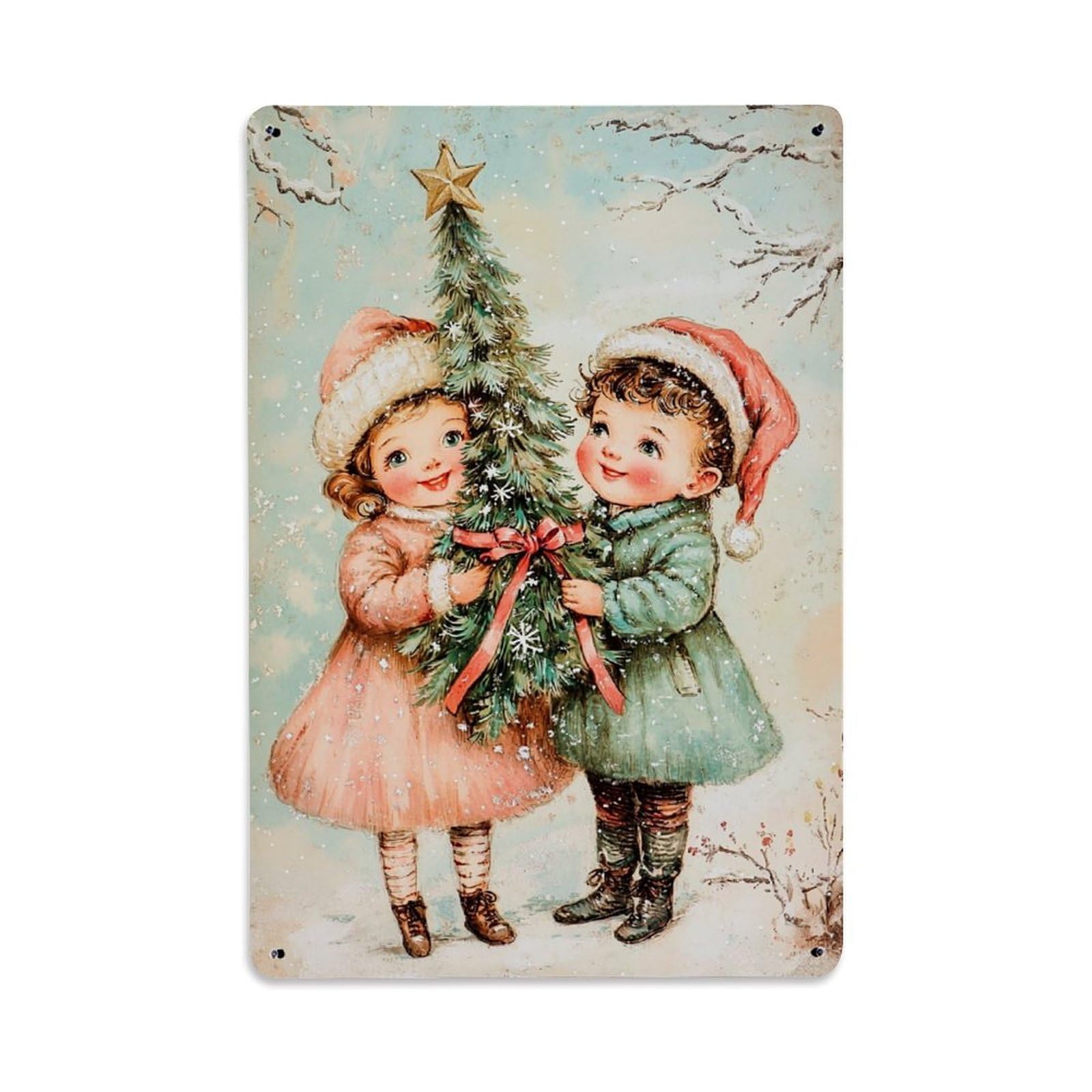 Jdfenggu Vintage Christmas Tree Children Snow Winter Holiday Retro Metal Tin Sign, Decor Art Poster For Bar, Home, Man Cave, Kitchen, Laundry Room Gift 8X12inch