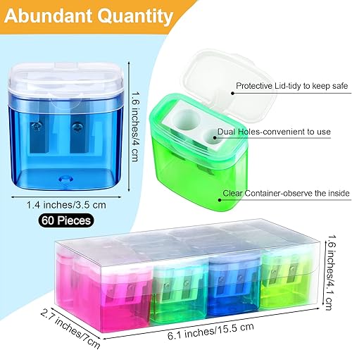 Miniatura 2 de Aodaer 60 sacapuntas manual de doble agujero para niños sacapuntas de doble agujero para escuela oficina hogar 4 colores surtidos