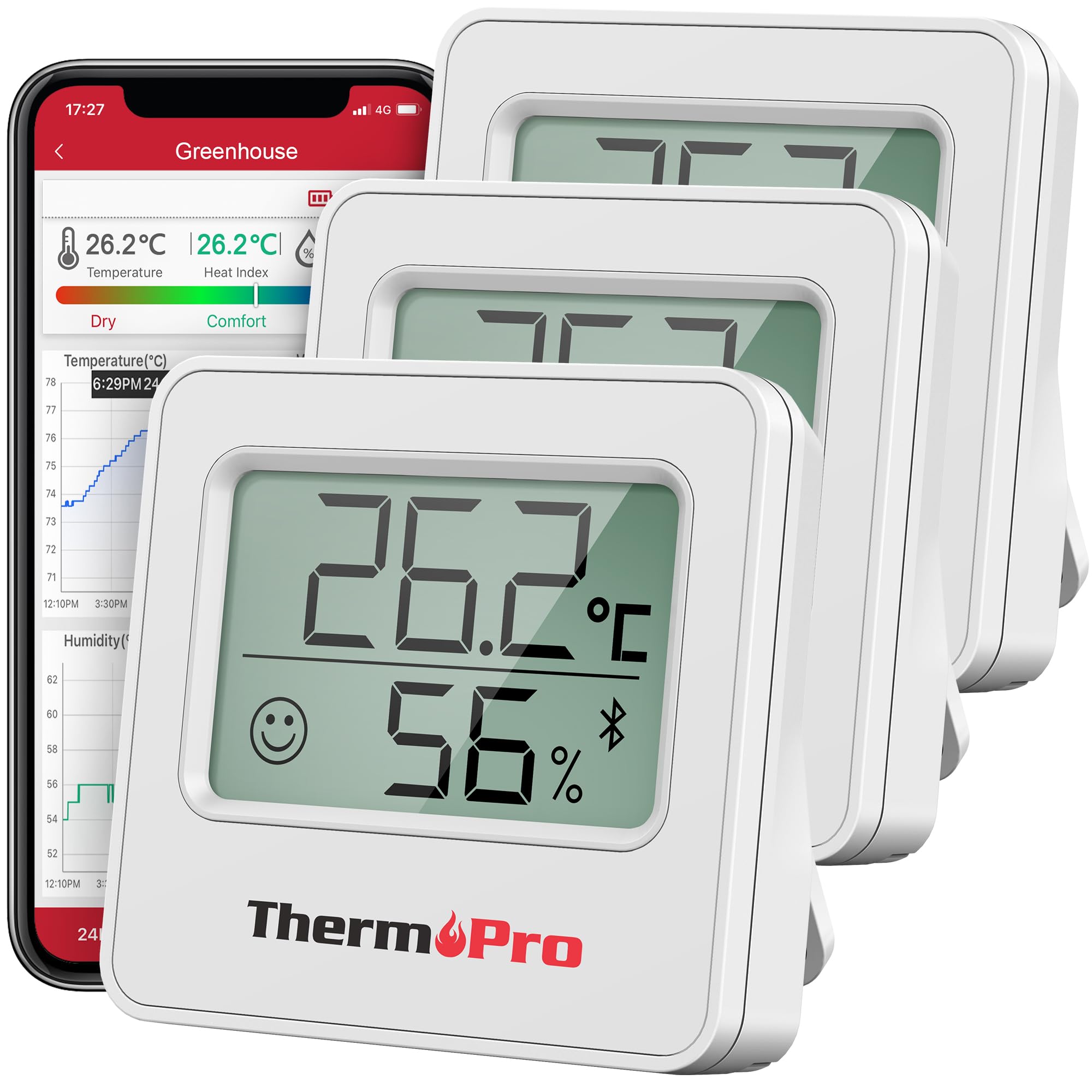 ThermoPro Bluetooth 80m Thermometer Hygrometer Digitales Raumthermometer mit App-Steuerung, Temperatur -Luftfeuchtigkeitsmessung ±0,5°C, Komfortanzeige & Alarm für Wohnzimmer, Schlafzimmer 3 Stücke