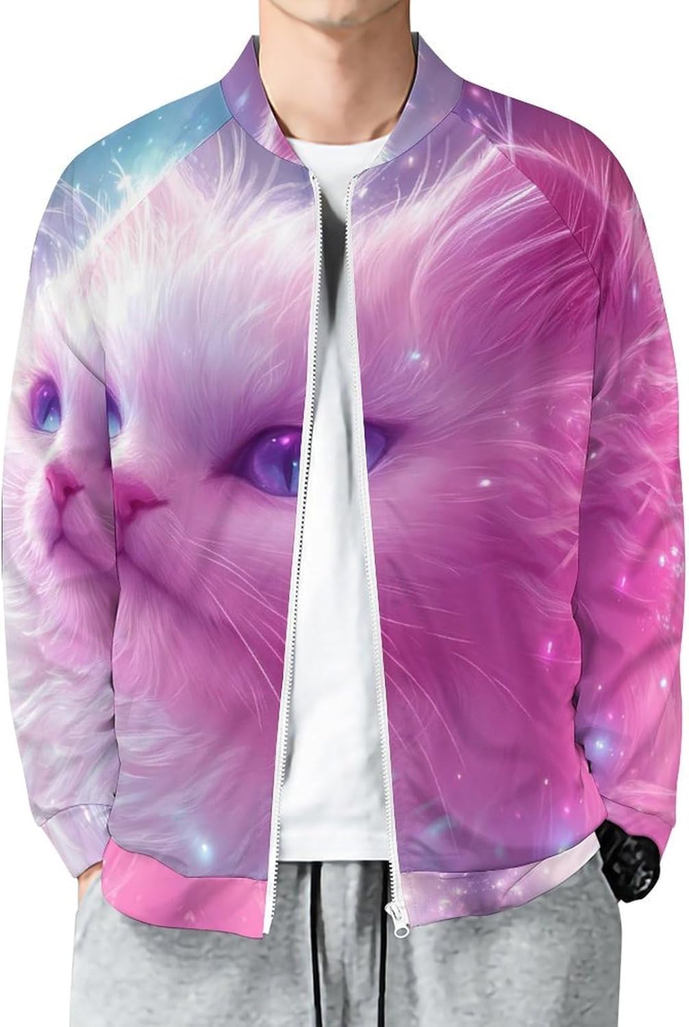 Cute Cat Men's Zip Up Sweatshirt Casual Sweater Jackets Long Sleeve Tops Lightweight Coat