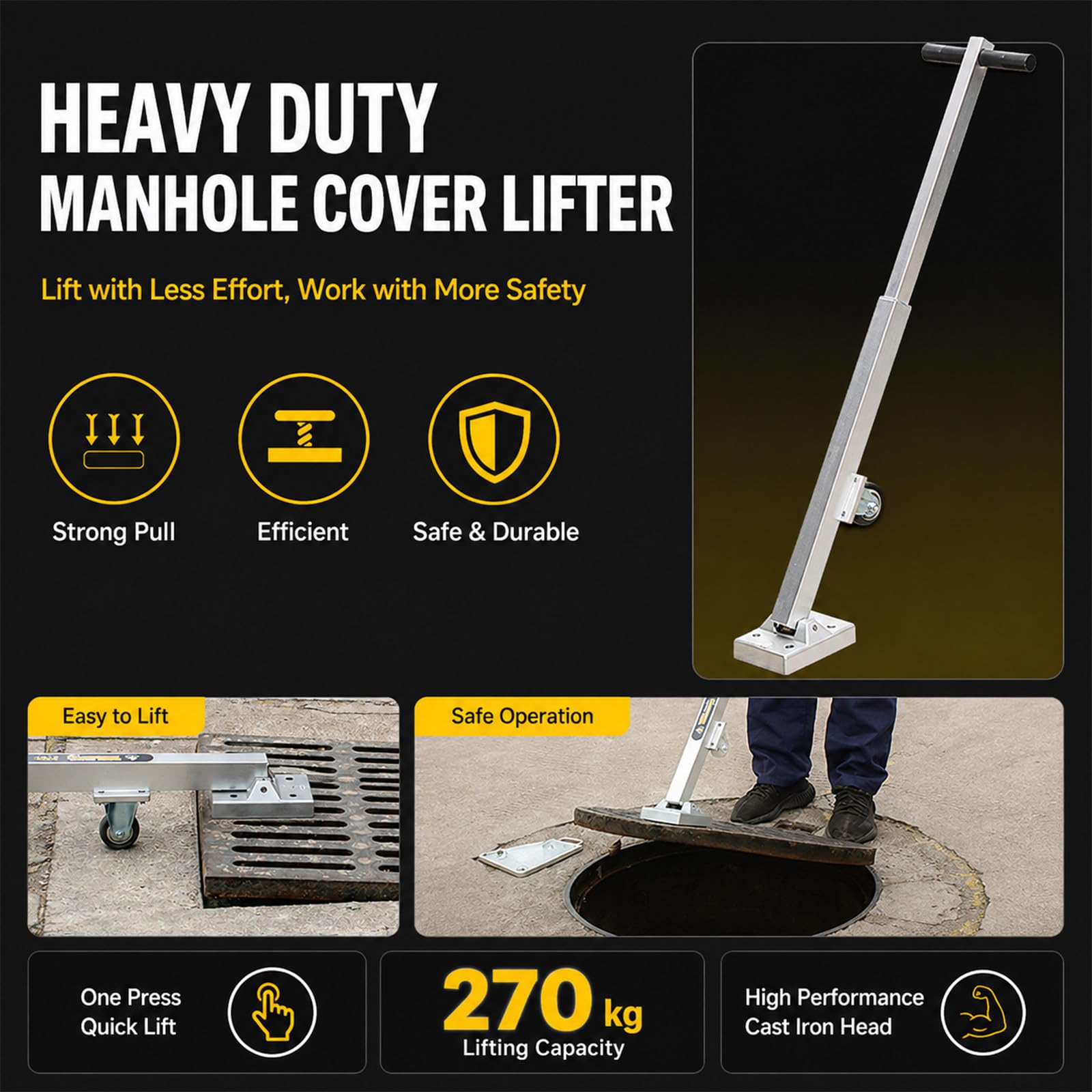 Sollevatore magnetico per tombini con ruote, forza di trazione 595 libbre | Estrattore per coperchi di tombini con maniglia telescopica, sollevamento magnetico da 270 kg per coperchi in ghisa