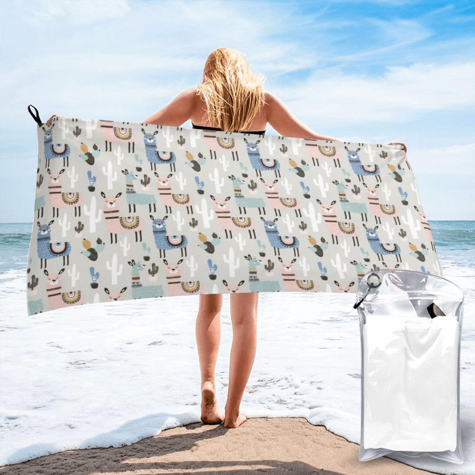SDEGTHO Llama Cactus Print Beach Towel Quick Dry Portable For Swimming Yoga Adults Fitness