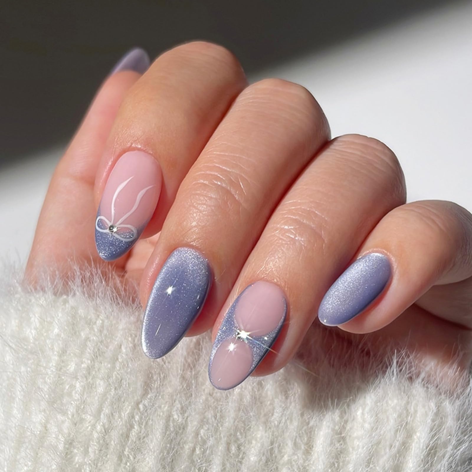 French Tip Press on Nails Medium Almond Fake Nails with Designs Rhinestone Glue on Fingernails Bow Artificial nails Glitter Full Cover Stick on Nails