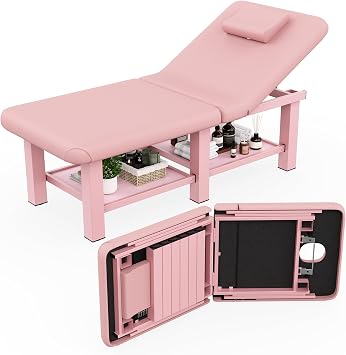 Dolonm Folding Stationary Massage Table with Backrest and Storage Space, 6 Square Legs Metal Frame PU Leather, 30.5 Wide 75 Long for Treatment Table Physical Therapy Table Spa Facial Bed, Pink