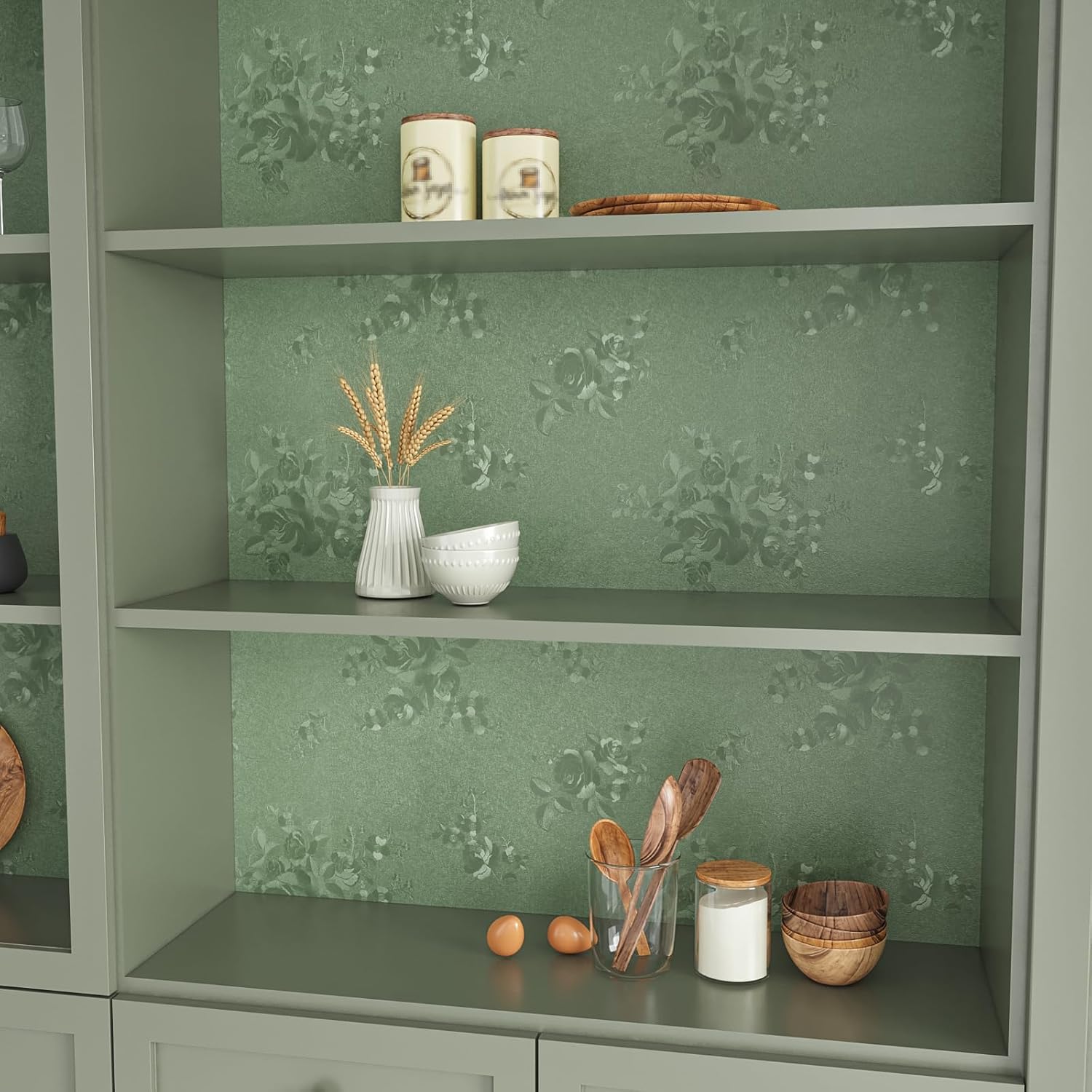 VEELIKE Vintage Sage Green Wallpaper Stick and Peel Textured Flower Wallpaper for Bedroom Bathroom 15.7''x354'' Removable Green Contact Paper for Walls Cabinets Self Adhesive Sage Vinyl Wall Paper