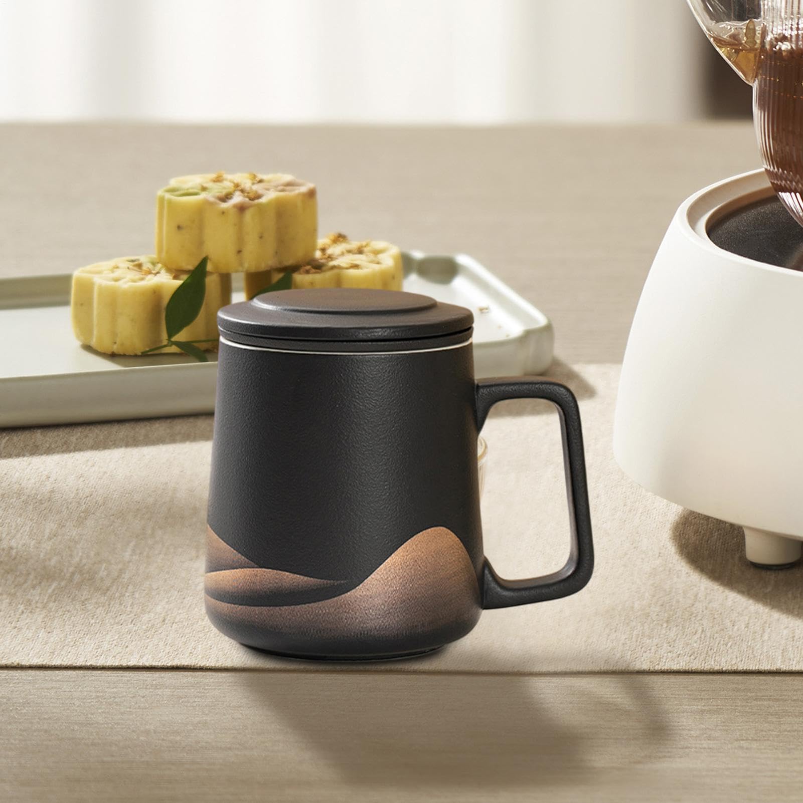 Taza De Té Con Tapa De Infusor - Taza De Filtro De Cerámica Mate De 360 ​ml, Té Con Colador Esmaltado Negro Pintado A Mano | Juego De Elaboración De Té Para Hombres Y Mujeres,