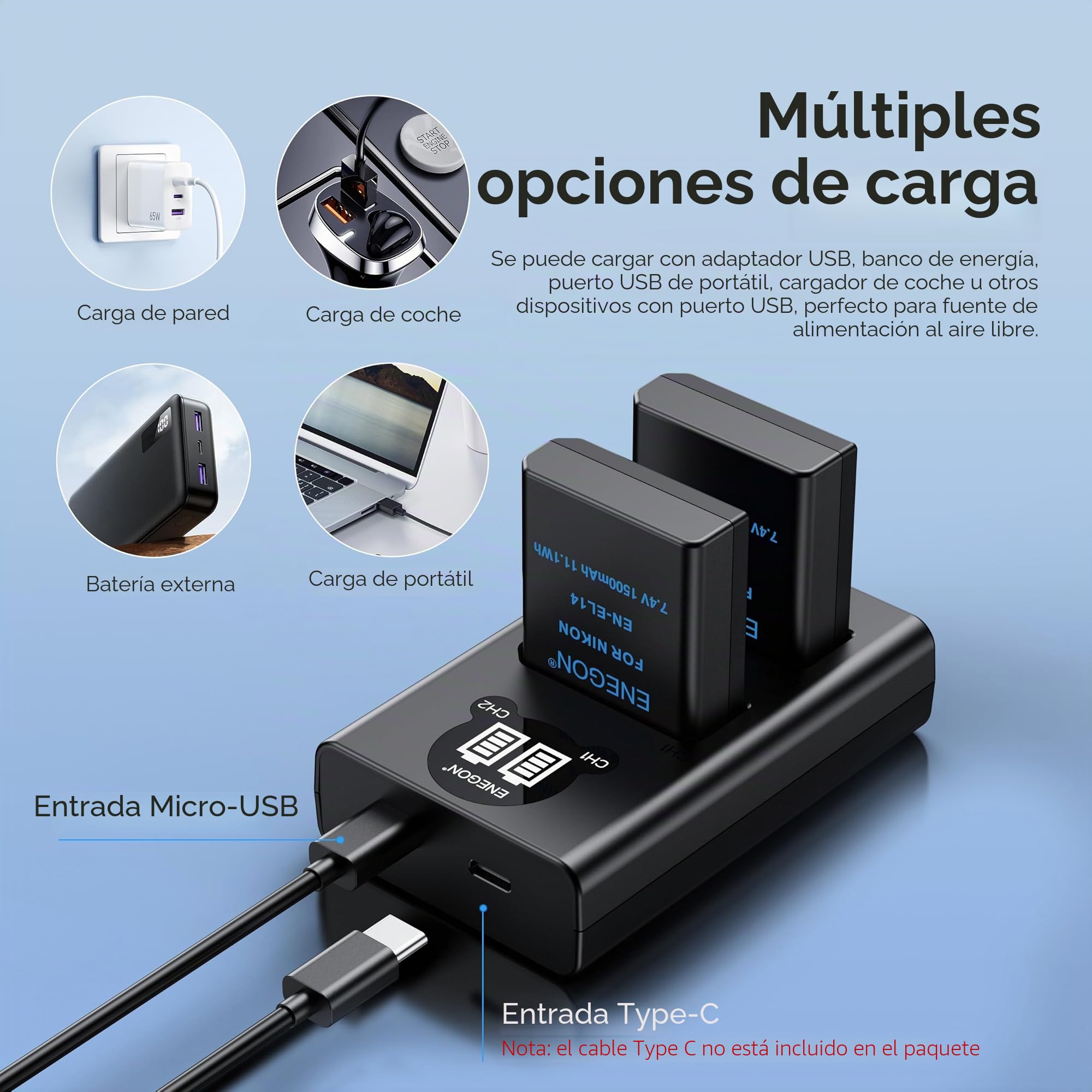 ENEGON EN-EL14/EL14a Batería de Repuesto (2 Piezas) y Smart LED Dual USB Cargador para Nikon DSLR D3100, D3200, D3300, D3400, D3500, D5100, D5200, D5300, D5500, D5600