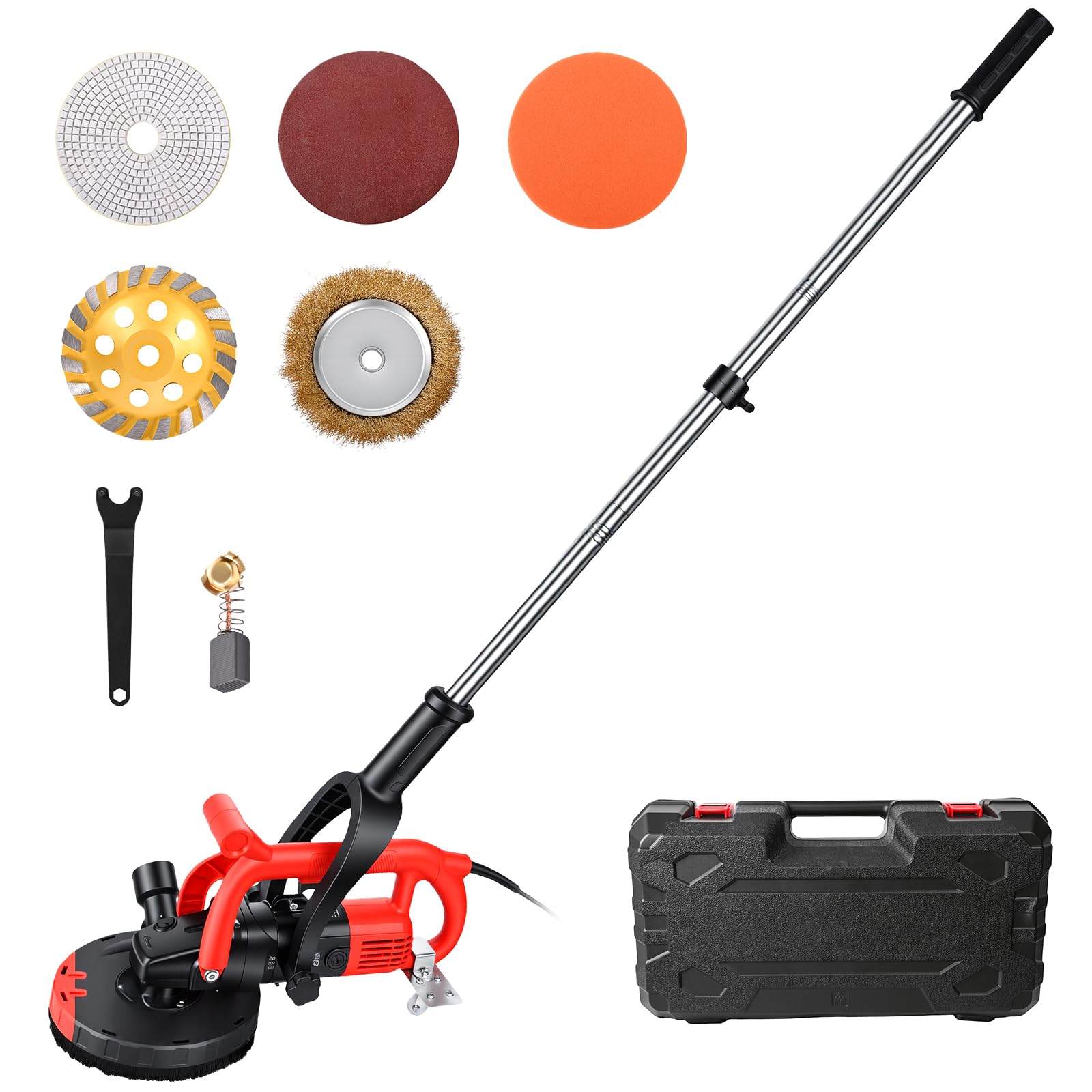 Ponceuse à Béton 3800W 6 Vitesses, max 5000 tr/min, 4 Meules, Meuleuse à Béton Sol Professionnelle Diamant Ø180mm, Manche Long avec Capot Aspiration Antipoussière pour Décapage Béton Colle Carrelage