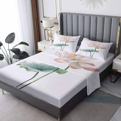 Lotus Sábanas tamaño Queen, sábanas de hoja de loto, sábanas y fundas de almohada estampadas de 4 piezas, sábana bajera ajustable de microfibra