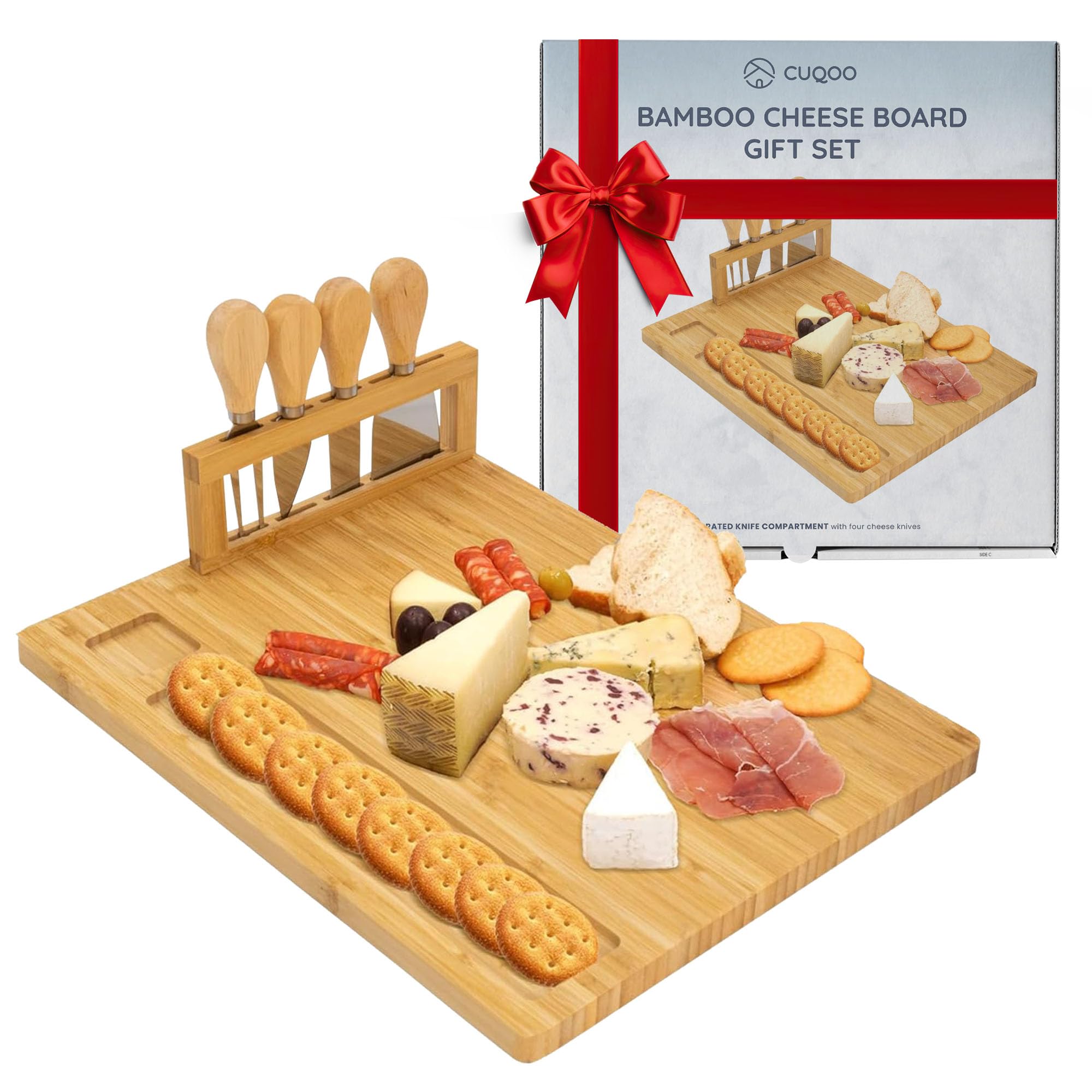 CUQOO Bamboo Cheese Board Set with Drawer & 4 Knives – Large Wooden Charcuterie Board, Cheeseboard Gift Set for Serving, Grazing, Cheese Boards & Knives (Bamboo Cheese Board Gift Set)