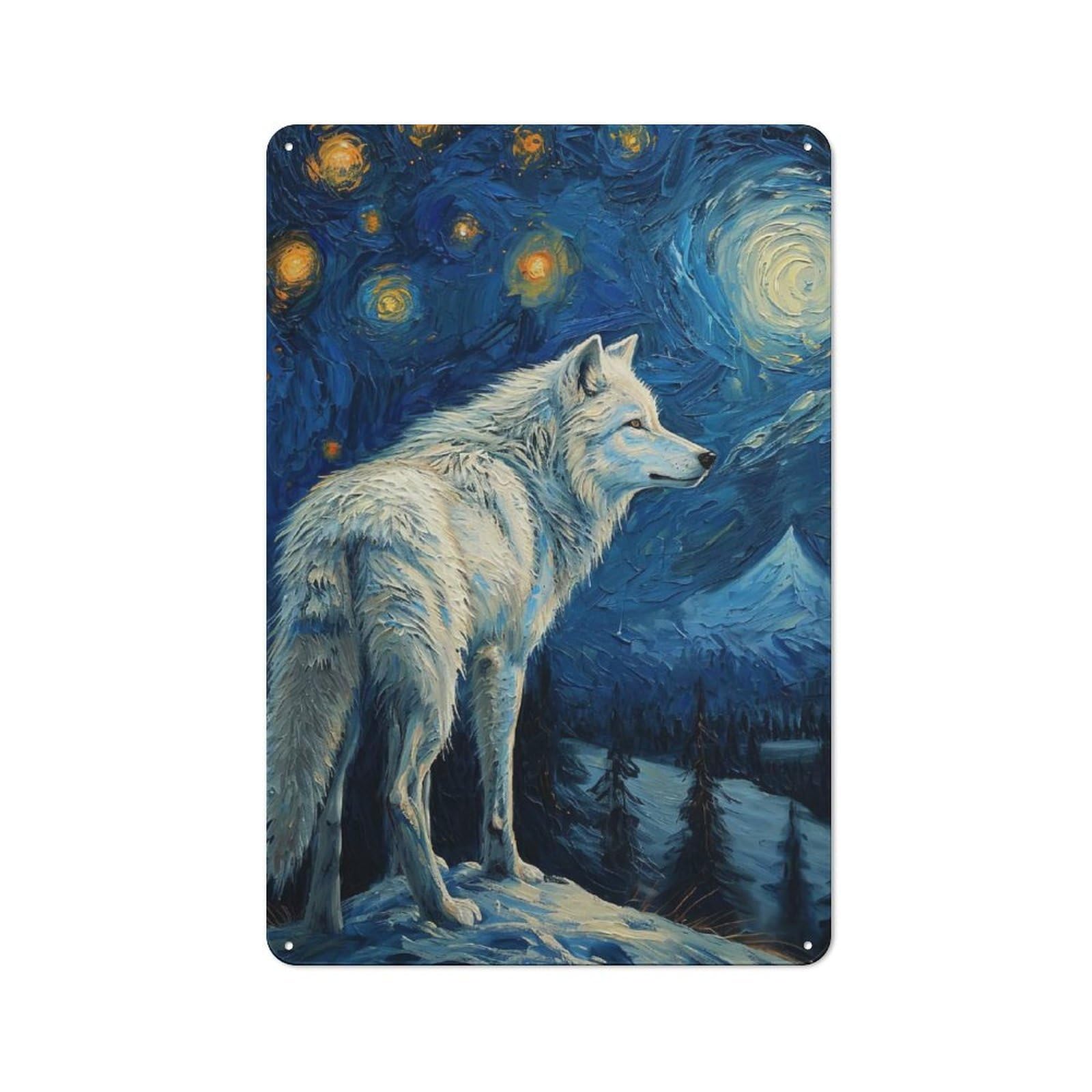 Junmoney Style-8 Tin Wall Plaque 30X20cm With Starlit White Wolf For Workshop Wall, Housewarming Wall Decor For People Furnishing Workshop