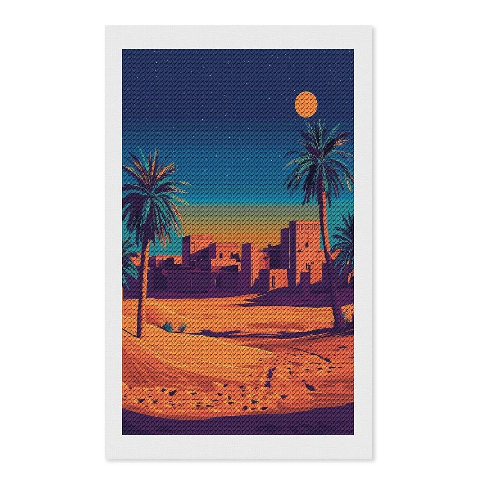Junmoney Desert Oasis Night Scene Illustration Diamond Painting Kit 12"x20", Thoughtful Handmade Gift, for Creative Relaxation, Printed Canvas, Cosy Home Accent