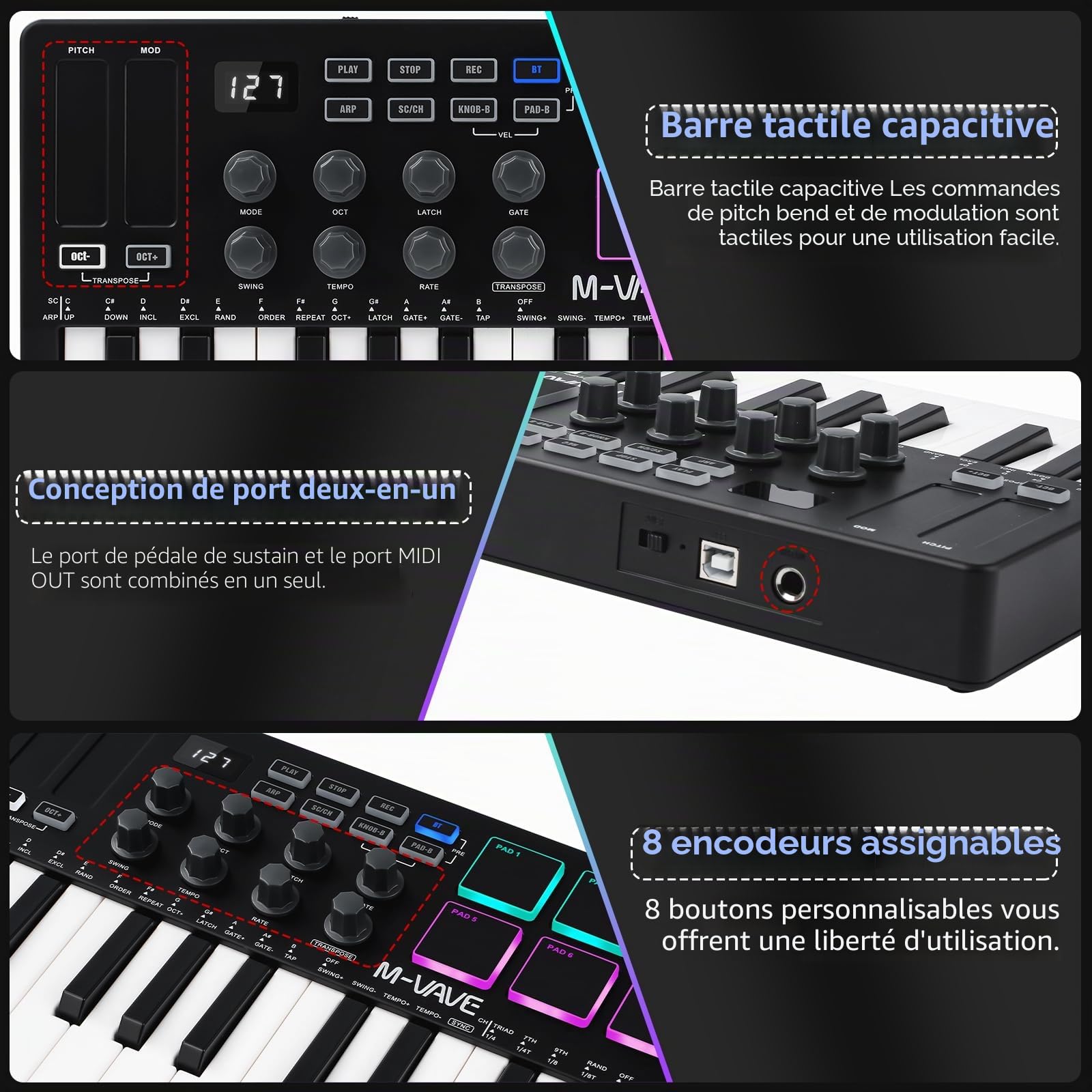 M-VAVE Clavier MIDI USB Portable, Clavier Mini 25 Touches électronique Contrôleur Pad SMK-25 Noir et Blanc Batterie intégrée