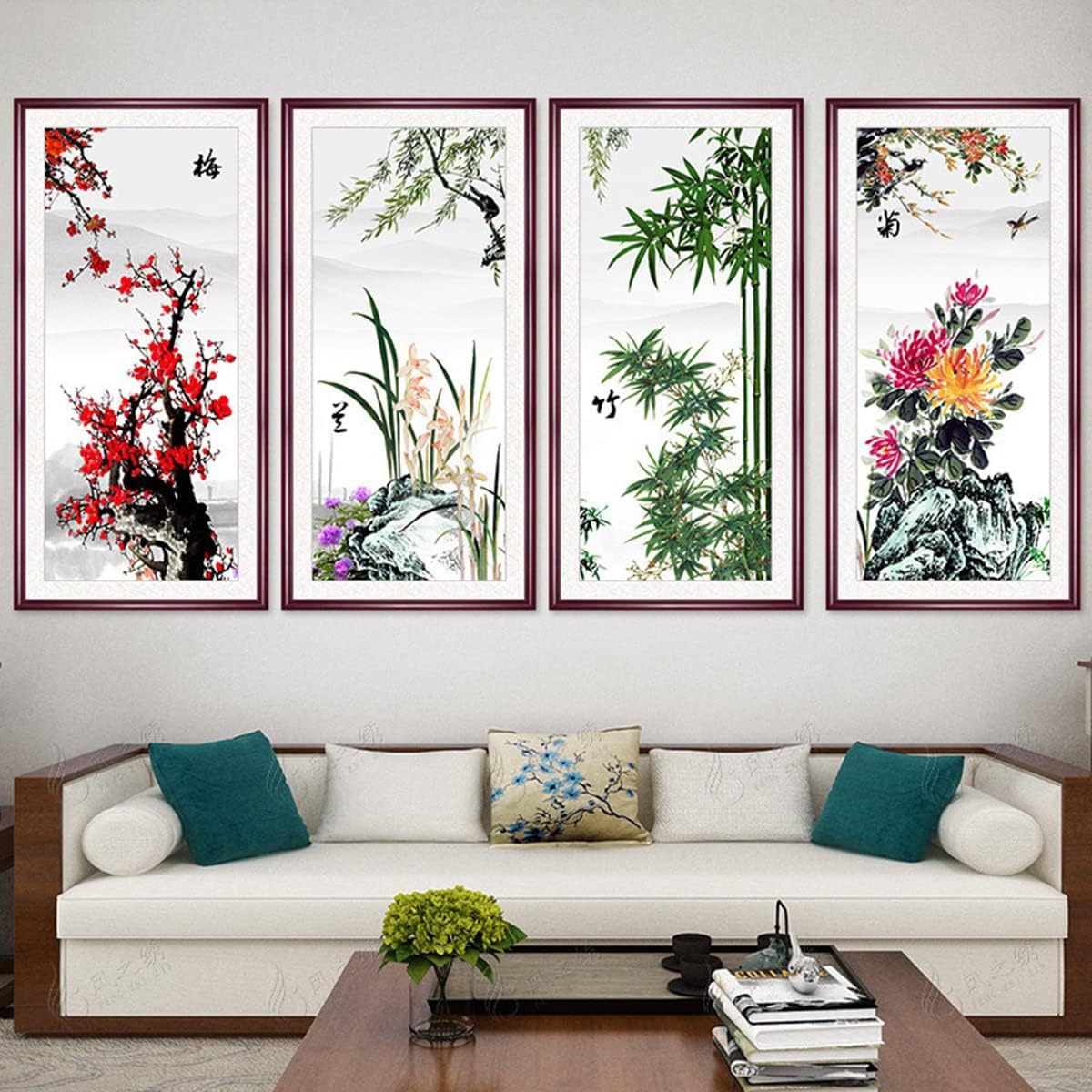 Instarry DIY 5D Diamond Painting Kits Full Drill Plum Blossoms Orchids Bamboo and Chrysanthemum Crystal Cross Stitch Room Decor Art Set 55.1x25.6 inch