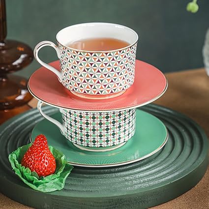 IZZHAAR Almaaz Premium Tea Cup and Saucer Set of 2: Handcrafted Fine Bone China Durable Tea & Coffee Mugs, Royal Tea Cups with Glossy Finish (2 Cups, 2 Saucers, 200 ML Each)