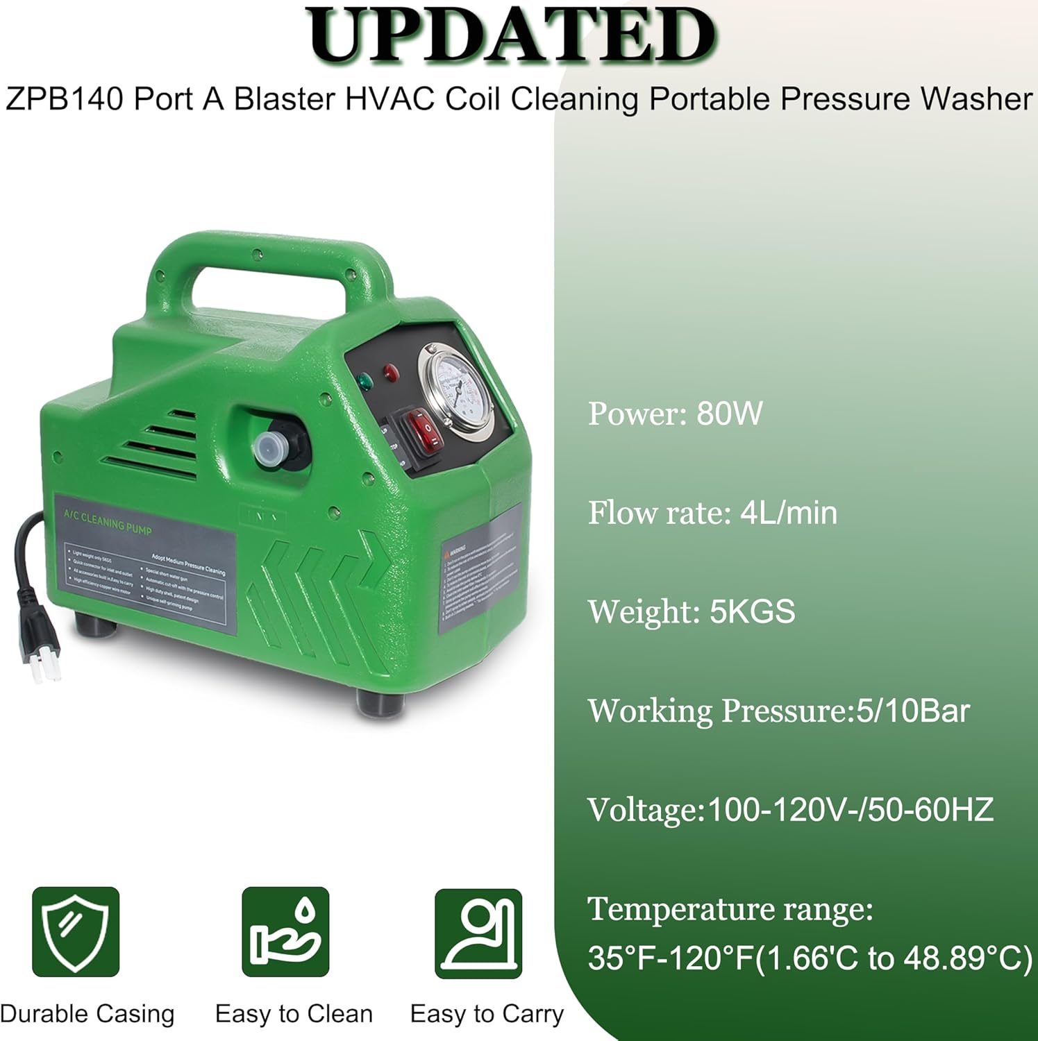 ZPB140 Port A Blaster HVAC Coil Cleaning, Portable Pressure Washer, Coil Jet Cleaner for ac Unit 120V 80W for Indoor or Outdoor, Flow Rate 4L/min, Working Pressure 0.7-1.0MPa
