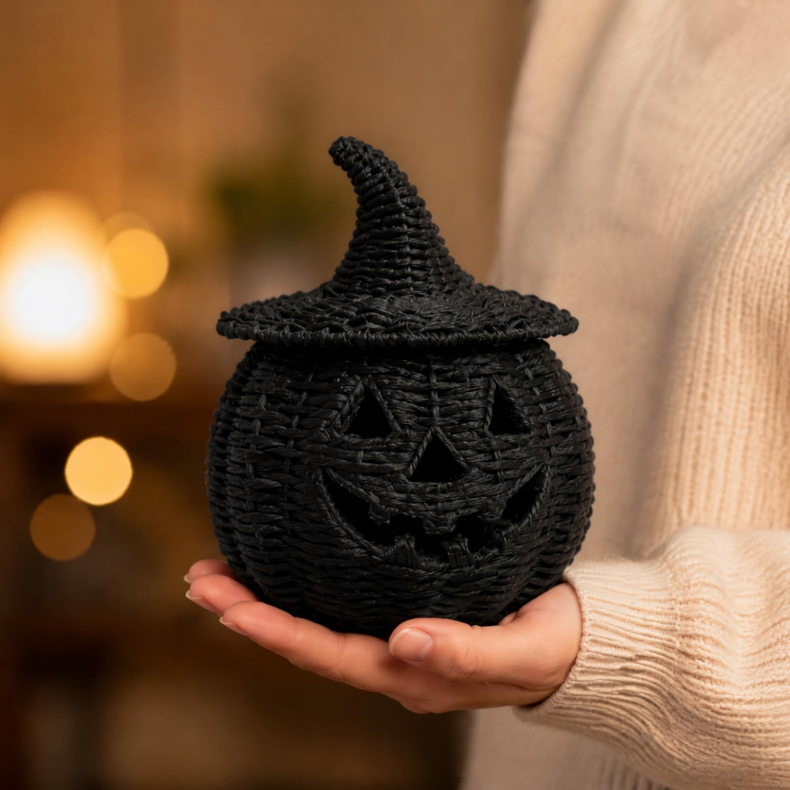 Halloween kosz dyniowy z żywicy syntetycznej, latarnia dyniowa o wyglądzie plecionki, straszny czarny słoik na cukierki w dyni do dekoracji stołu na Halloween