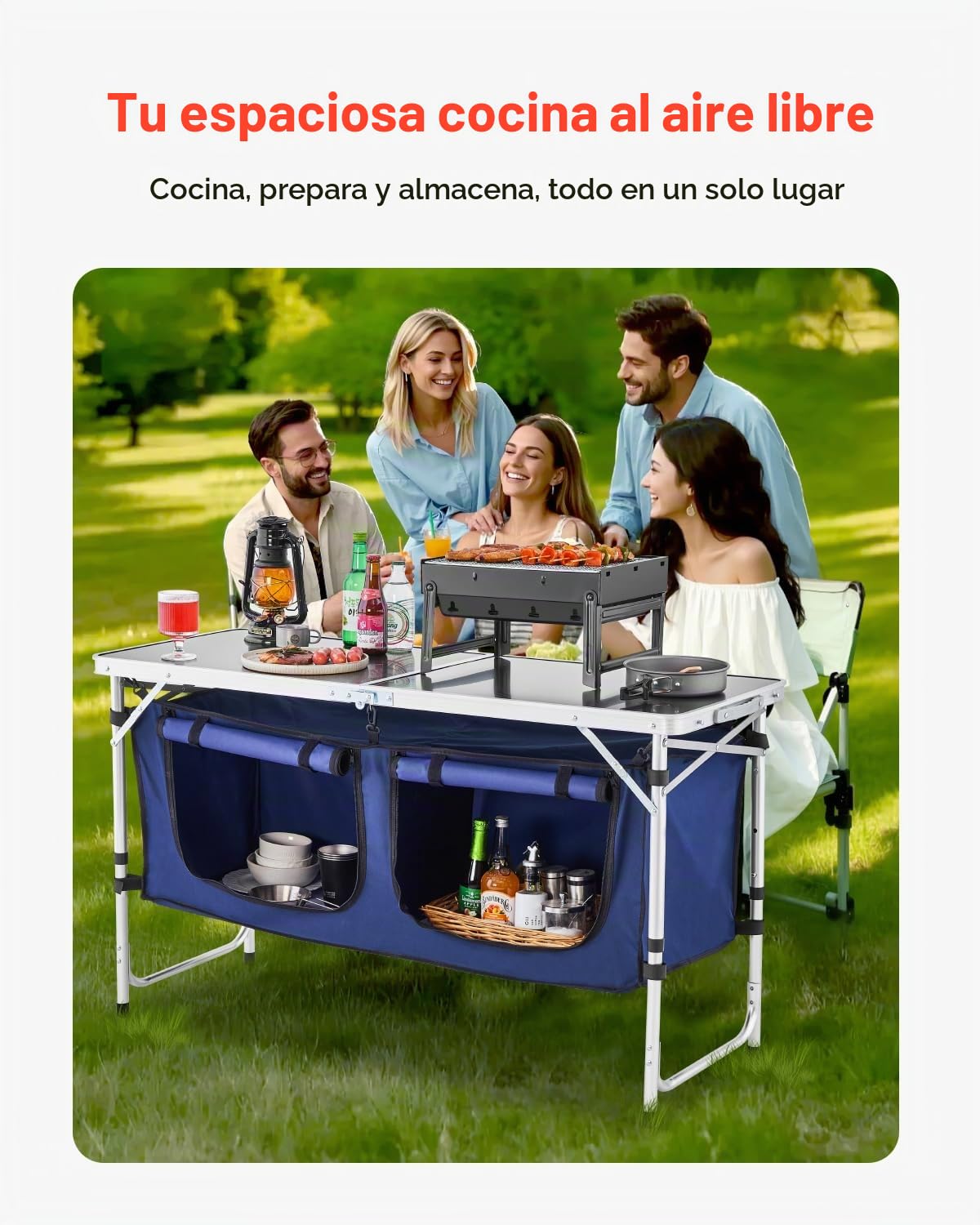 VEVOR Mesa de Cocina Plegable para Exteriores, Altura en 3 Niveles, Estación de Cocina Portátil Liviana Aluminio con Organizador de Almacenamiento, Asa de Transporte, para Barbacoa, Fiesta, Azul