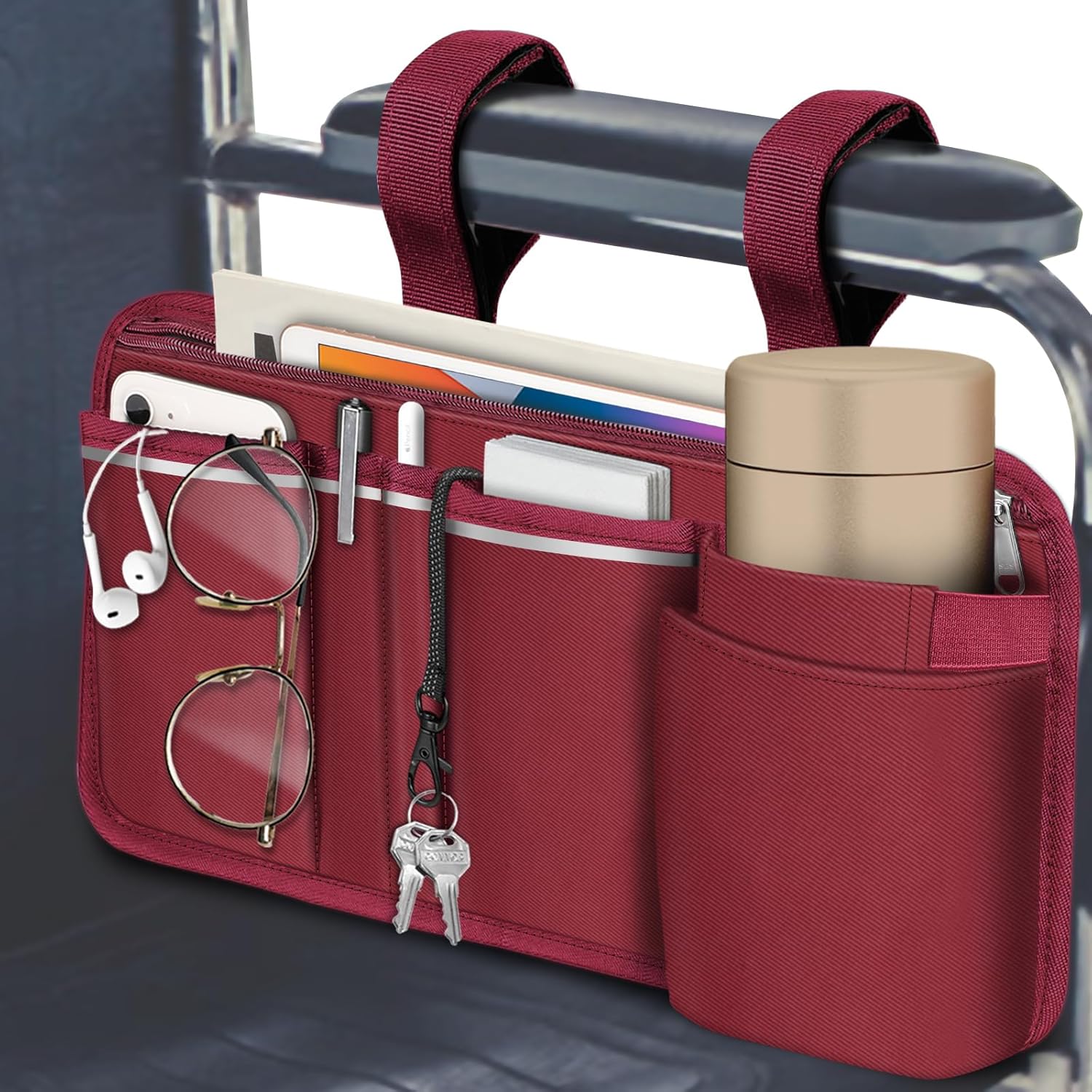 FINPAC Wheelchair Side Storage Bag w/Cup Holder, Wheelchair Armrest Accessories Pouch with Pen Slot and Reflective Strips for Power Walkers, Rollators, Seniors – Burgundy