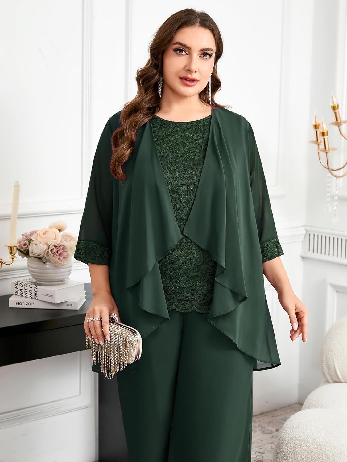 CYCLAMEN Women's Plus Size 3 Piece Pantsuit Formal Wedding Guest Mother of The Bride Groom Lace Chiffon Elegant Outfit