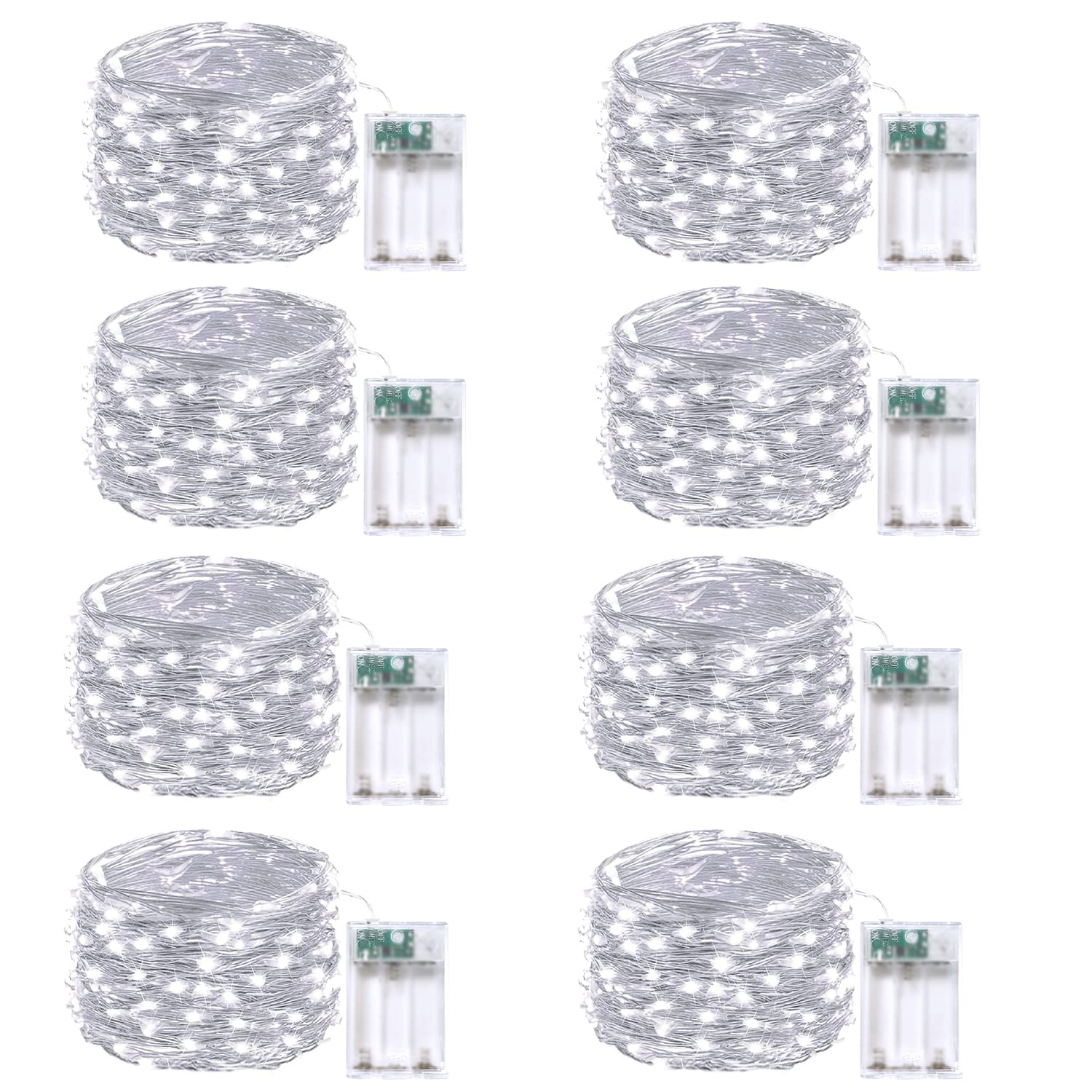 8-pack white fairy lights battery operated with timer, waterproof 16ft 50 led christmas string lights outdoor indoor, twinkle lights for bedroom home wedding party christmas decoration (cool white)